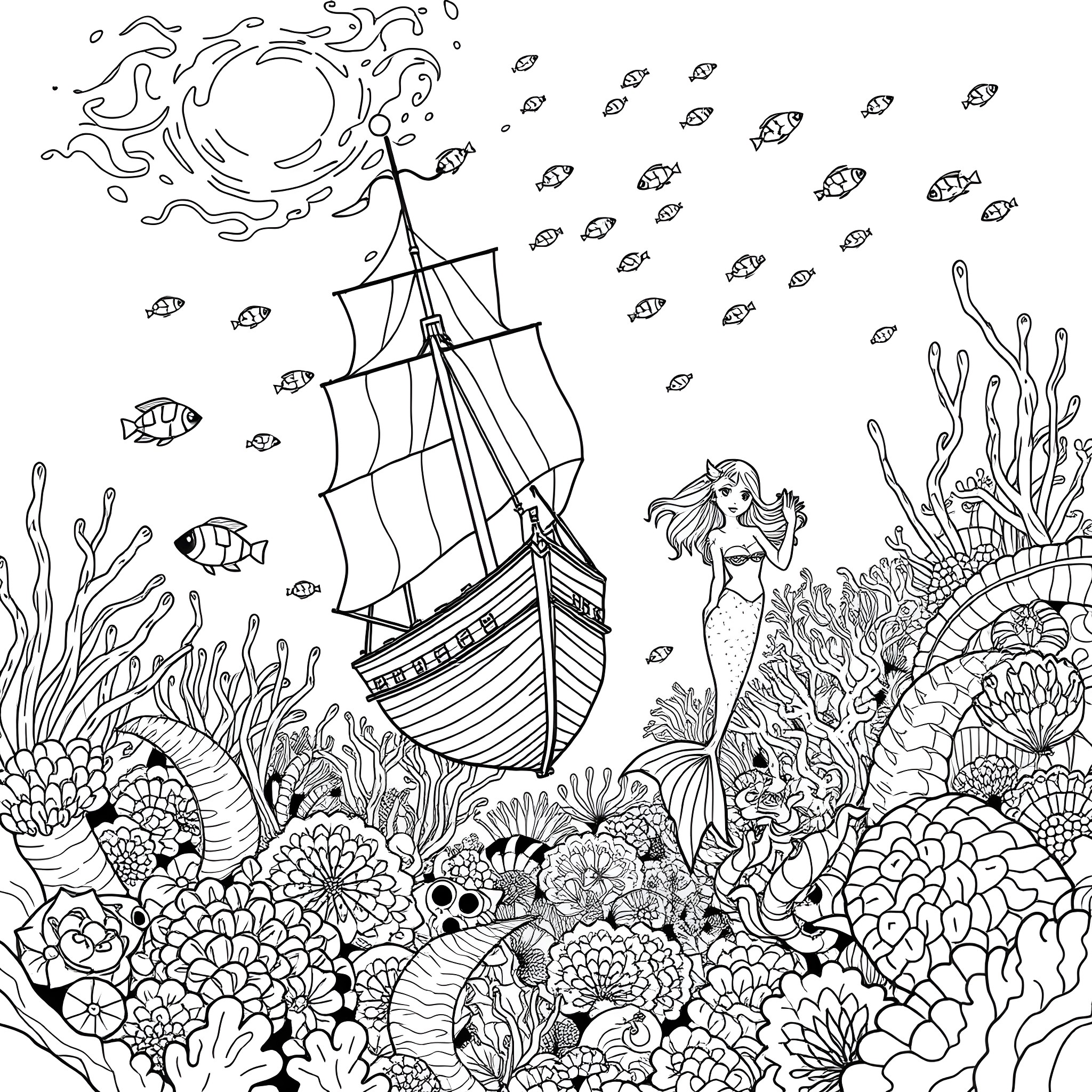 Mermaid and ship sailing through a whimsical underwater world Coloring Page (free black-and-white line drawing printable PDF for all, from beginners to advanced learners, including children, teens, adults, and seniors)