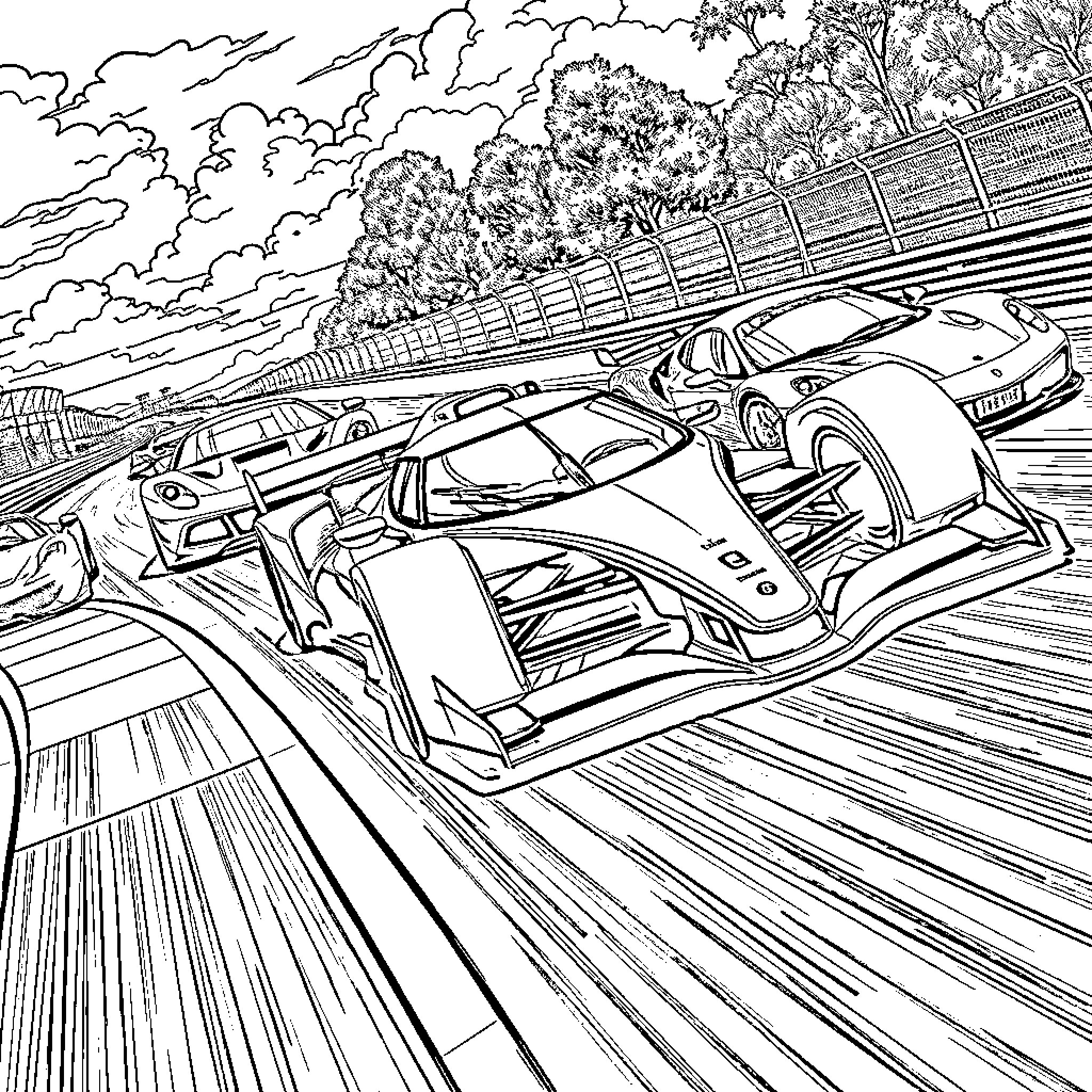 Lamborghini race cars speeding through a track Coloring Page (free black-and-white line drawing printable PDF for all, from beginners to advanced learners, including children, teens, adults, and seniors)
