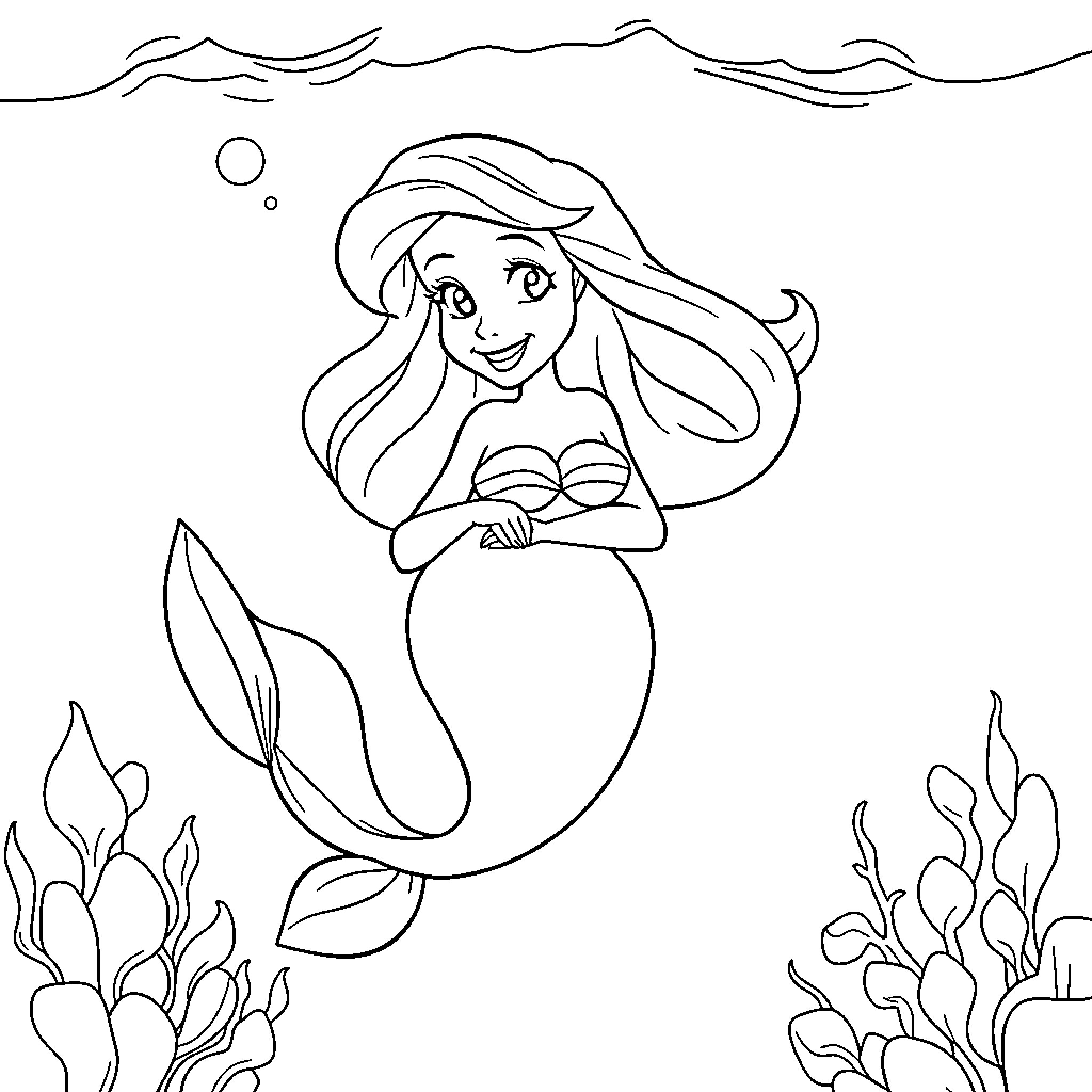 Ariel the mermaid swimming in the ocean Coloring Page (free black-and-white line drawing printable PDF for all, from beginners to advanced learners, including children, teens, adults, and seniors)