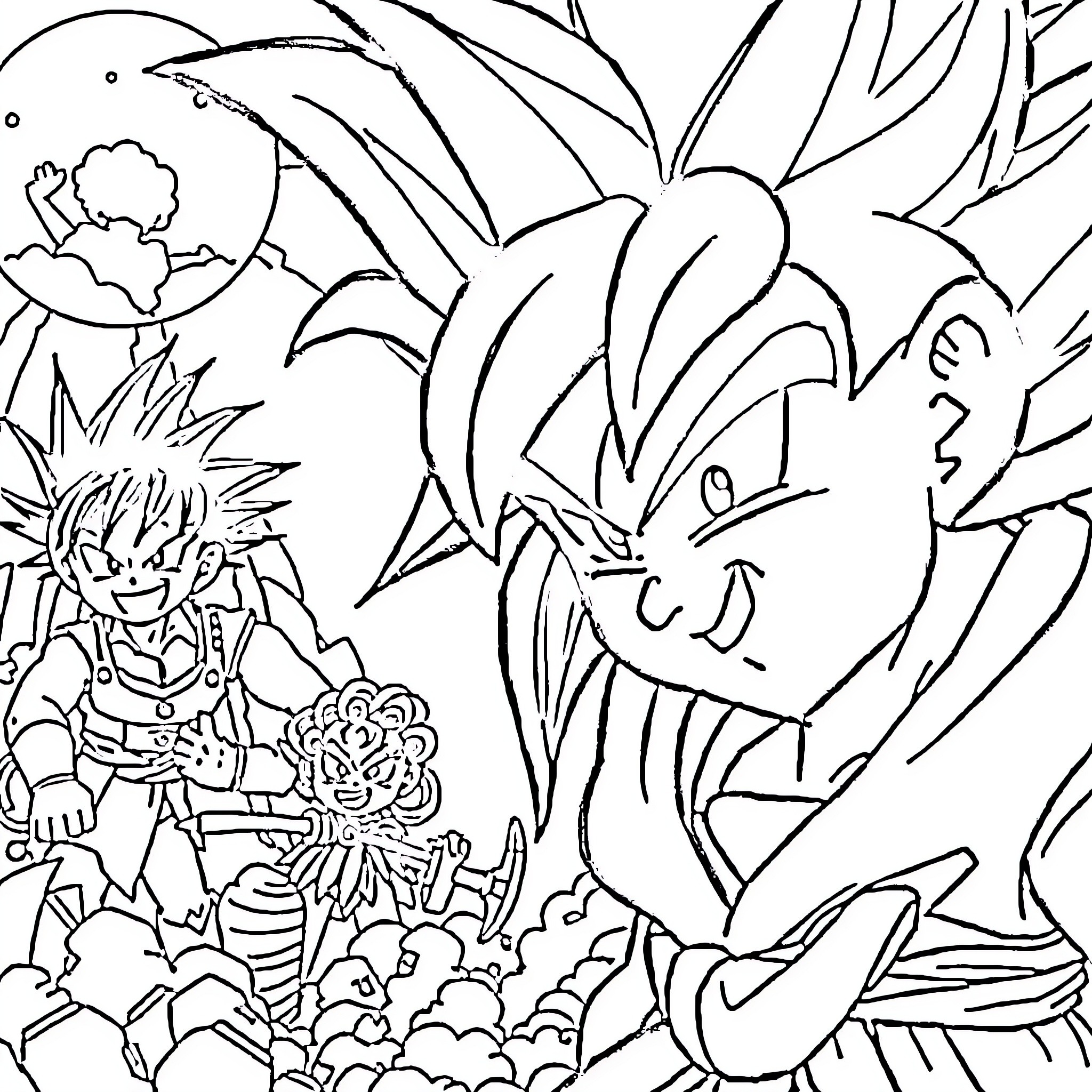 Dragonballz Characters in Energetic Action Coloring Page (free black-and-white line drawing printable PDF for all, from beginners to advanced learners, including children, teens, adults, and seniors)