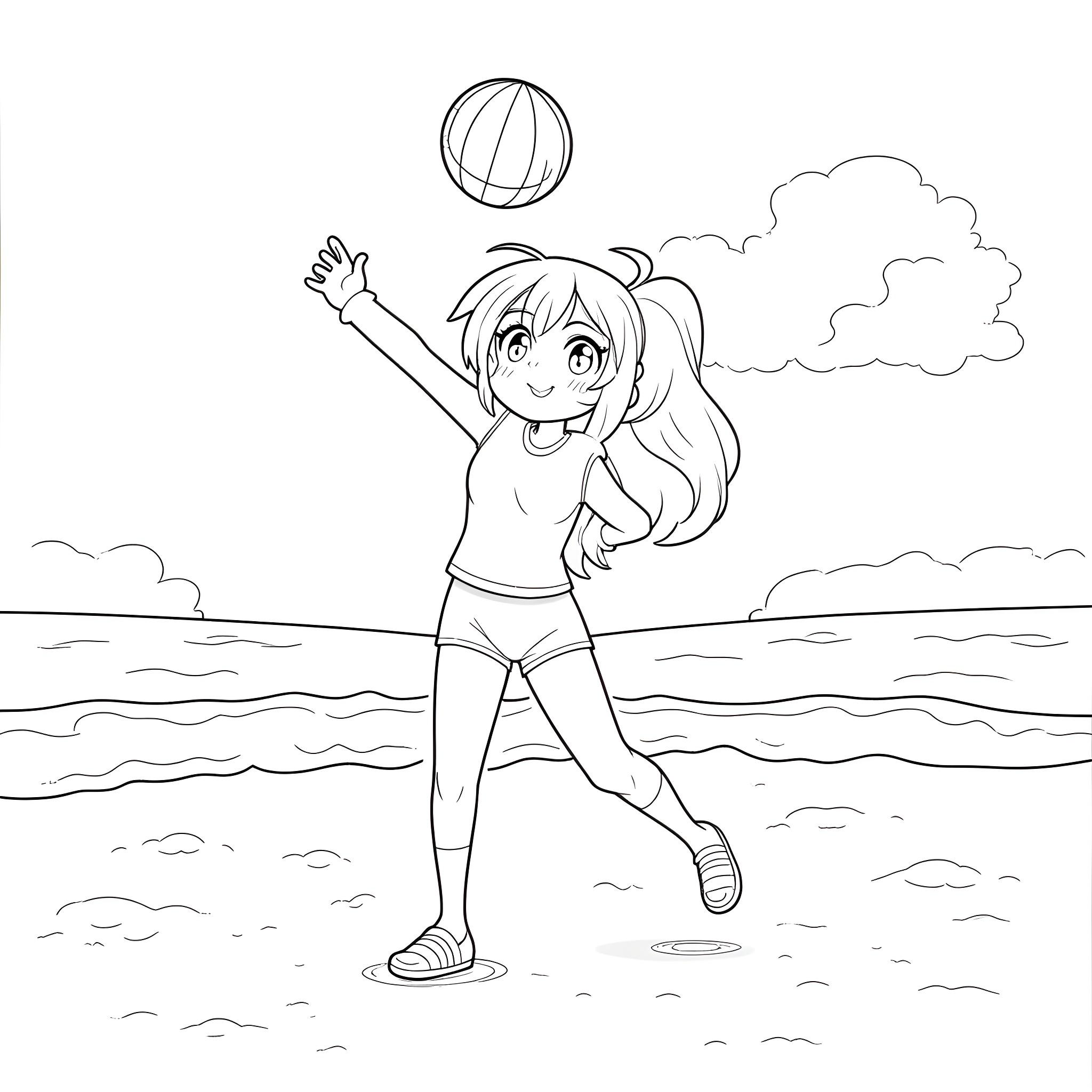 Ranma-chan playing with a beach ball on the shore Coloring Page (free black-and-white line drawing printable PDF for all, from beginners to advanced learners, including children, teens, adults, and seniors)