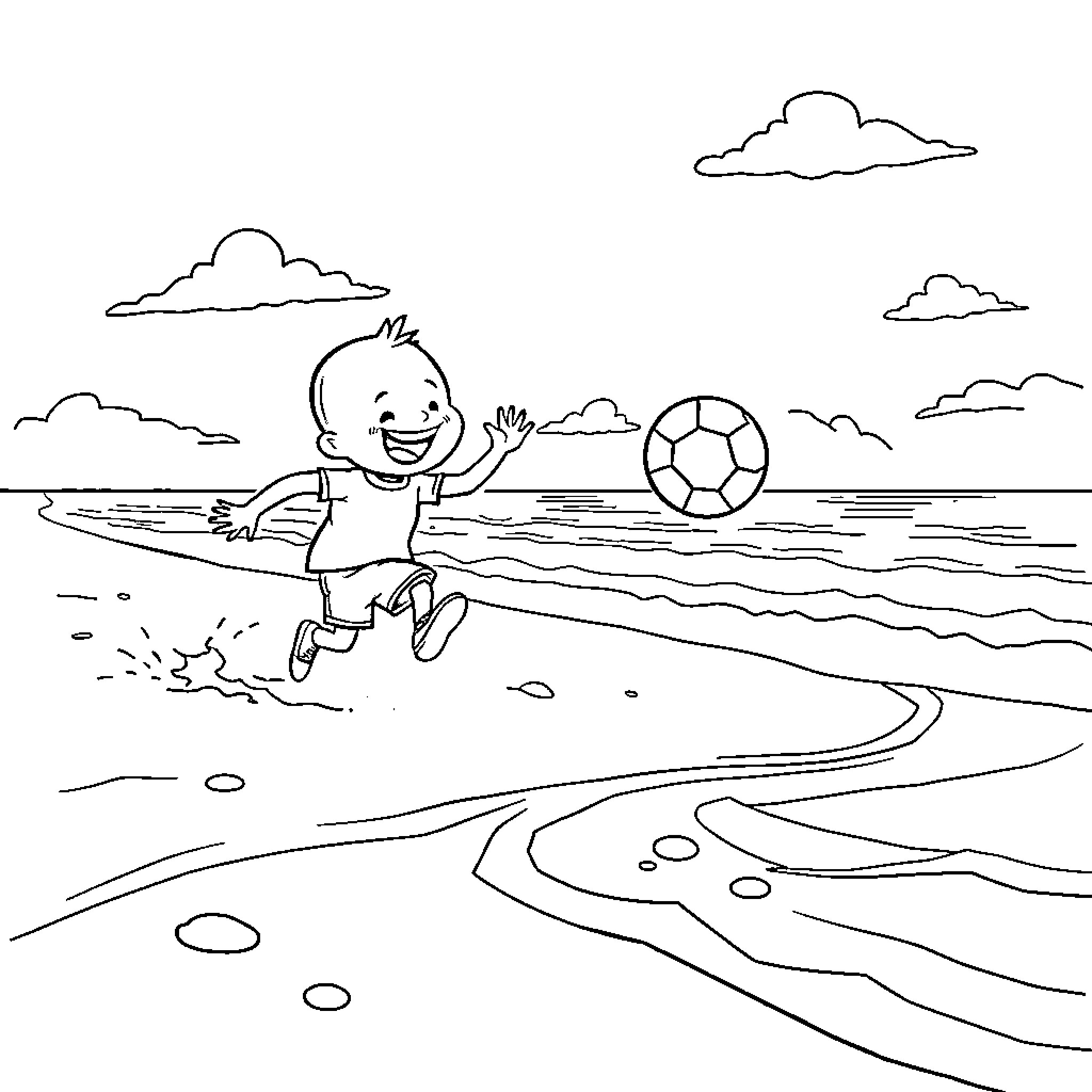 Bluey playing soccer on the beach Coloring Page (free black-and-white line drawing printable PDF for all, from beginners to advanced learners, including children, teens, adults, and seniors)