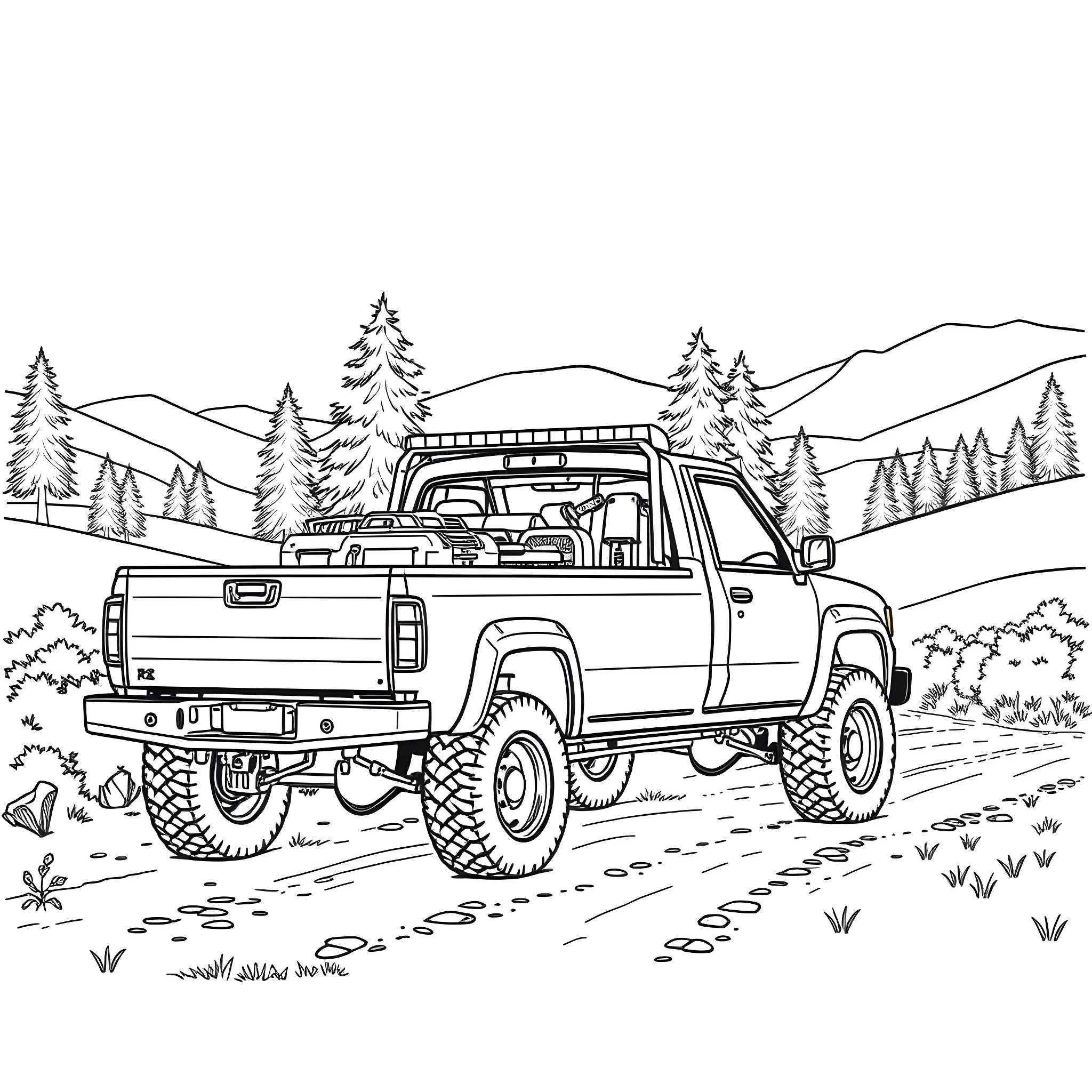Pick Up Truck Traversing Rugged Terrain in the Mountains Coloring Page (free black-and-white line drawing printable PDF for all, from beginners to advanced learners, including children, teens, adults, and seniors)