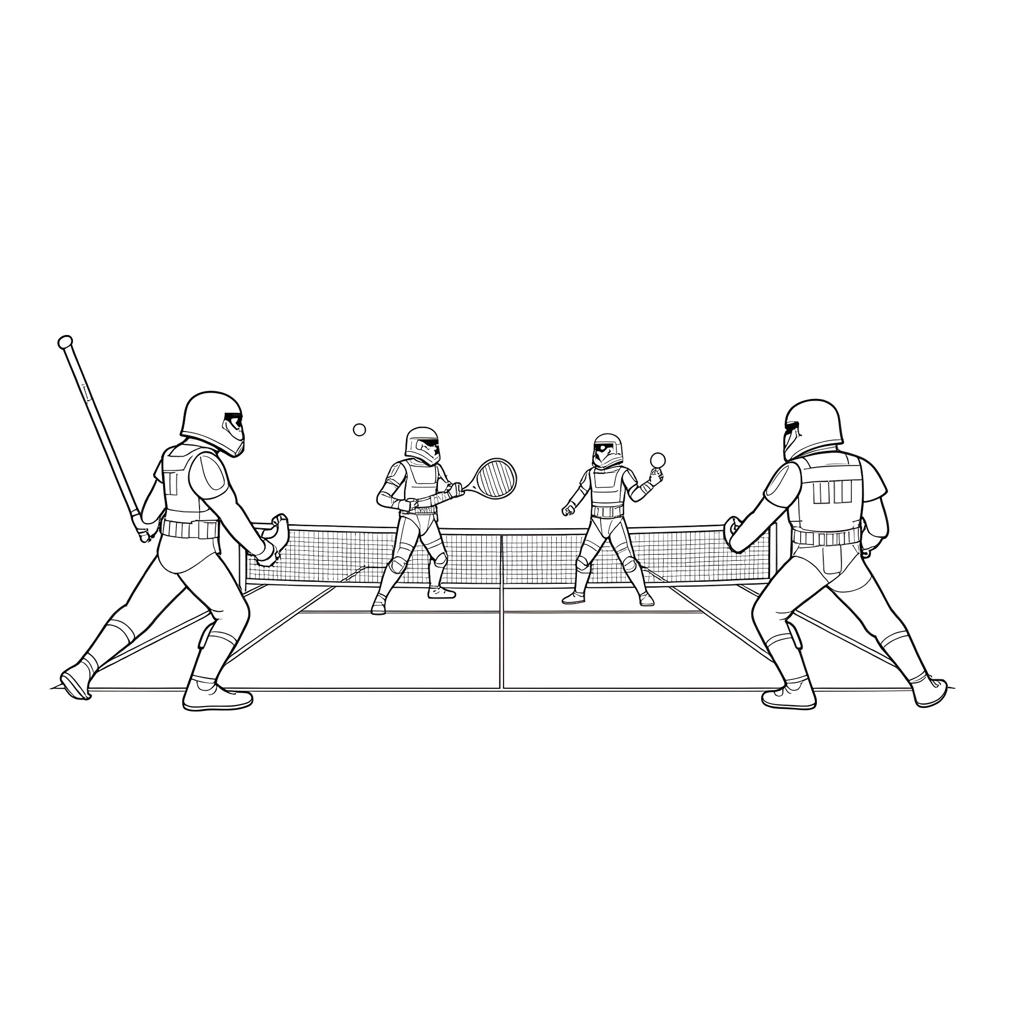 Star Wars characters engage in a friendly tennis match Coloring Page (free black-and-white line drawing printable PDF for all, from beginners to advanced learners, including children, teens, adults, and seniors)
