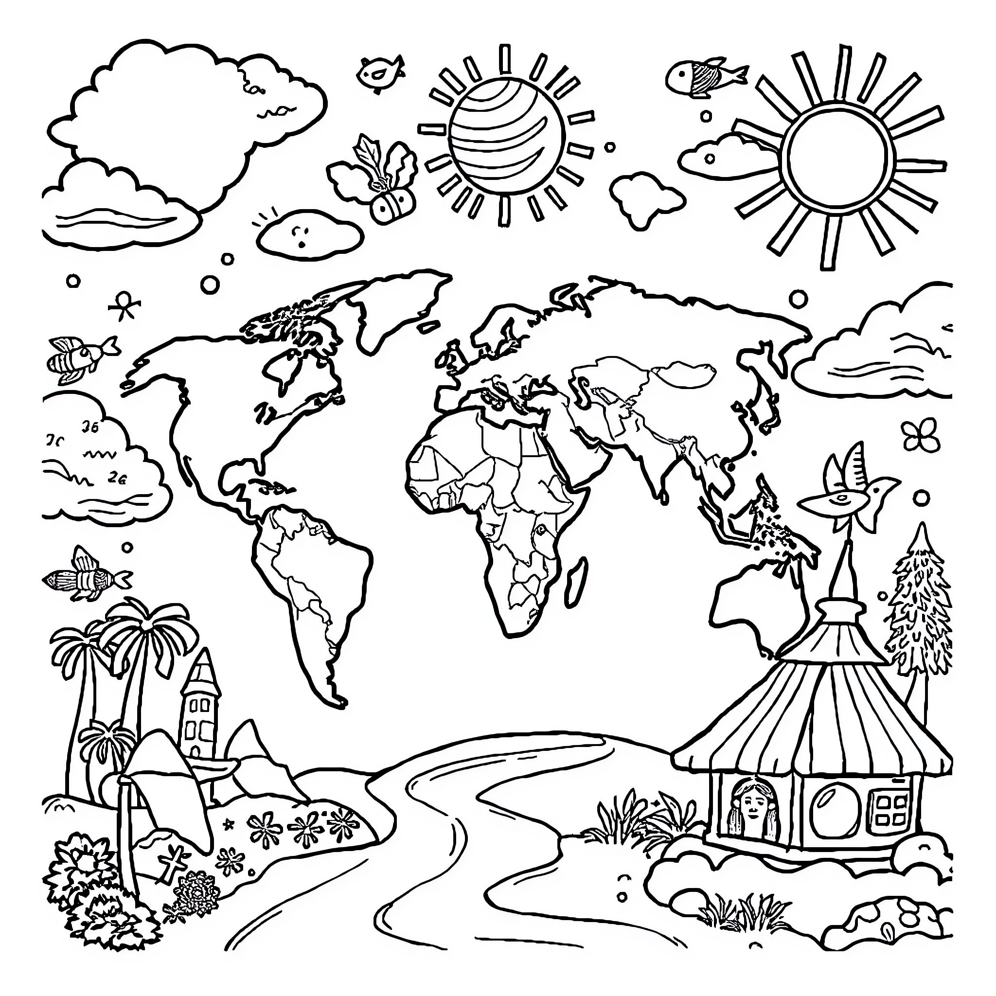 Travel around the world with iconic landmarks Coloring Page (free black-and-white line drawing printable PDF for all, from beginners to advanced learners, including children, teens, adults, and seniors)