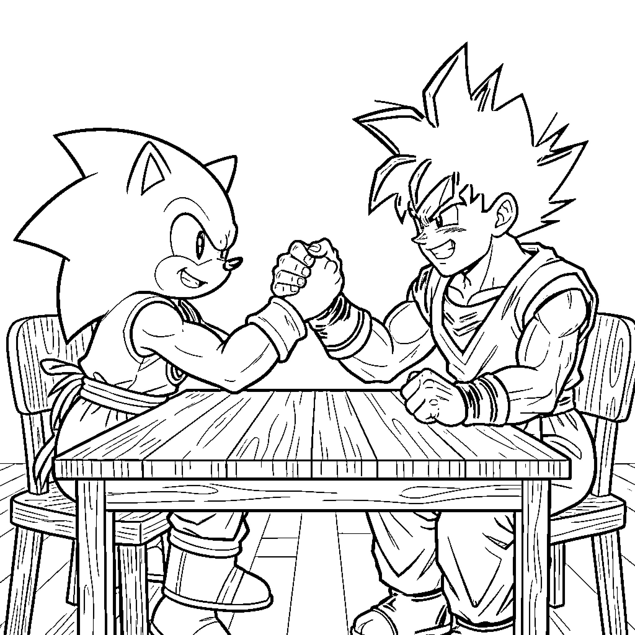 Sonic and Goku engaging in an intense fist bump Coloring Page (free black-and-white line drawing printable PDF for all, from beginners to advanced learners, including children, teens, adults, and seniors)