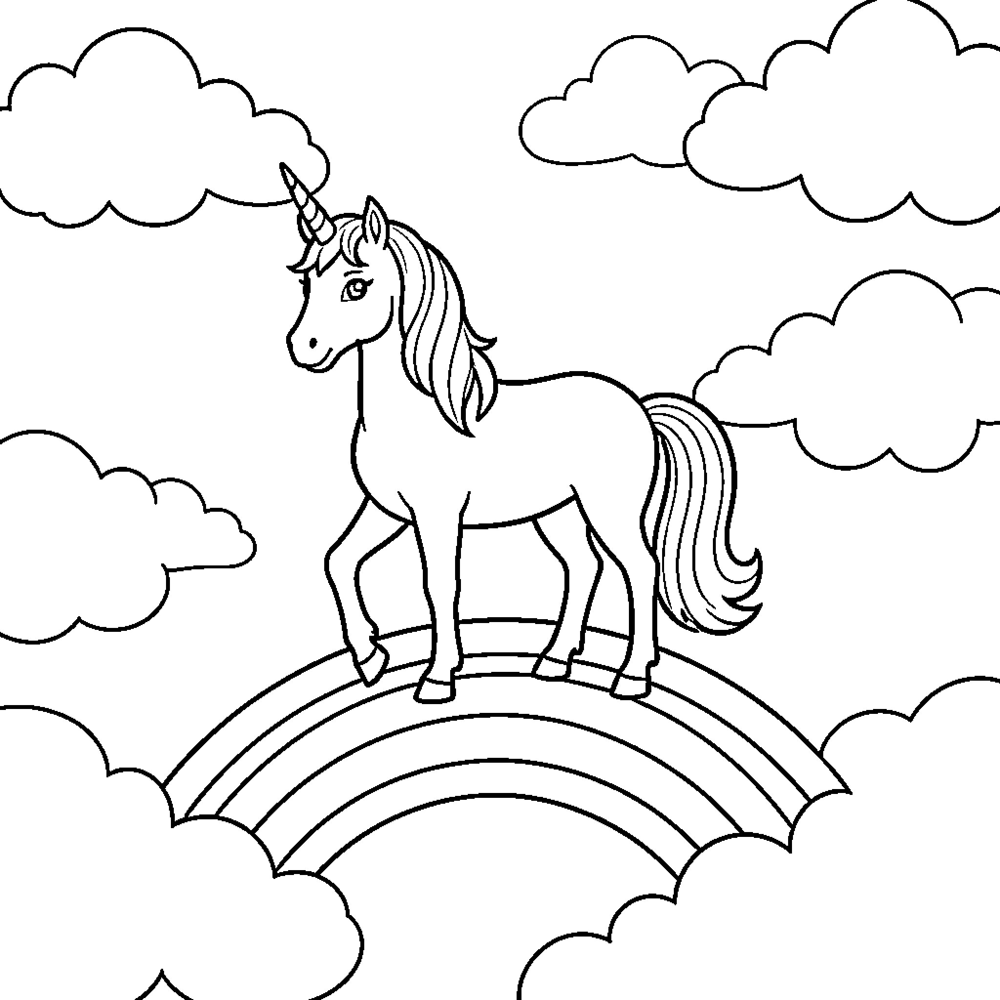 Unicorn standing majestically atop a rainbow in the clouds Coloring Page (free black-and-white line drawing printable PDF for all, from beginners to advanced learners, including children, teens, adults, and seniors)