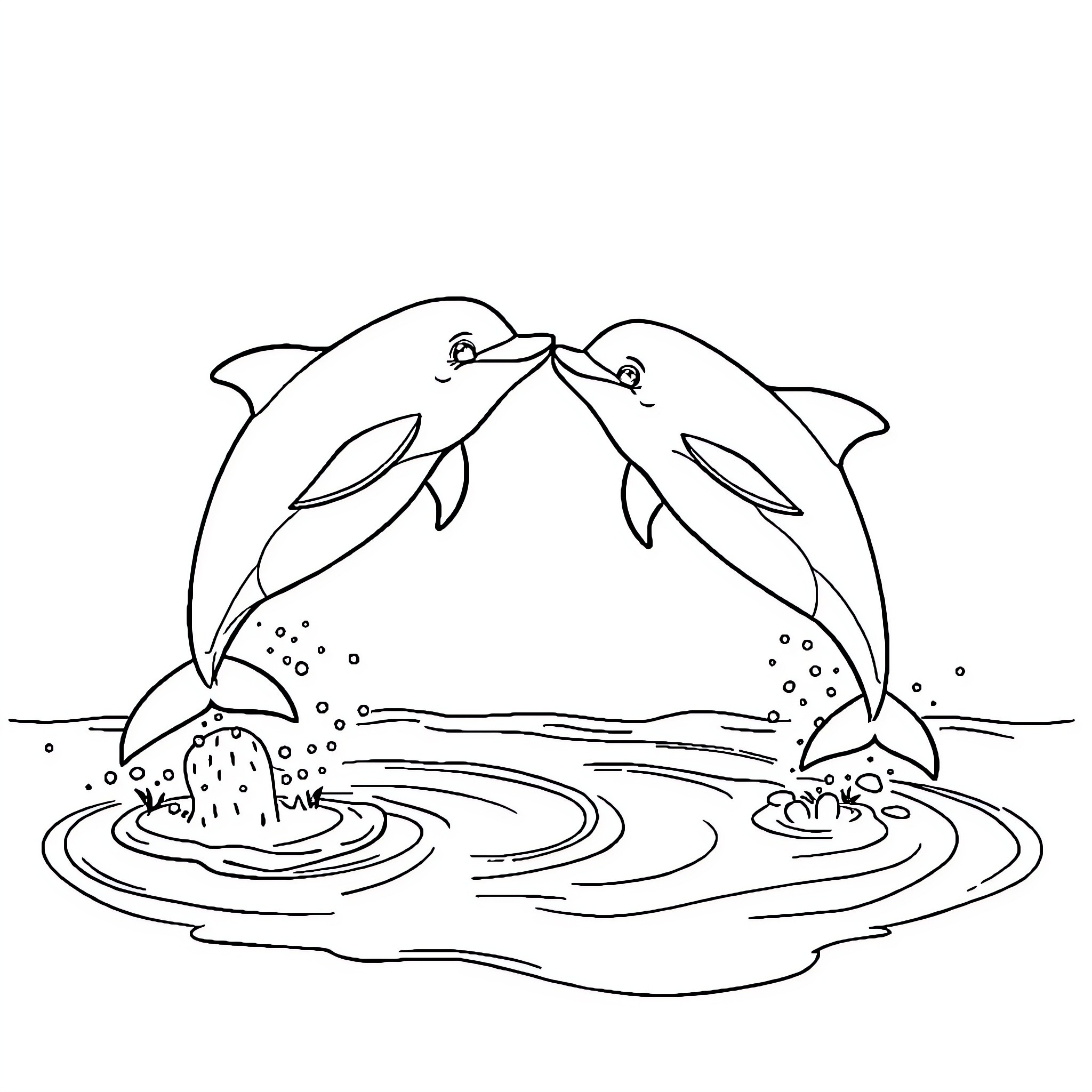 Dolphins frolicking playfully in the water Coloring Page (free black-and-white line drawing printable PDF for all, from beginners to advanced learners, including children, teens, adults, and seniors)