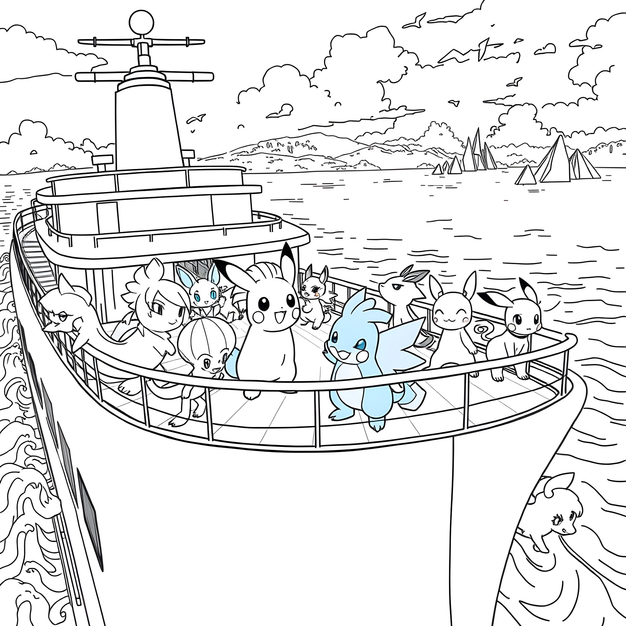 Pokémon journey on a cruise ship in the ocean Coloring Page (free black-and-white line drawing printable PDF for all, from beginners to advanced learners, including children, teens, adults, and seniors)
