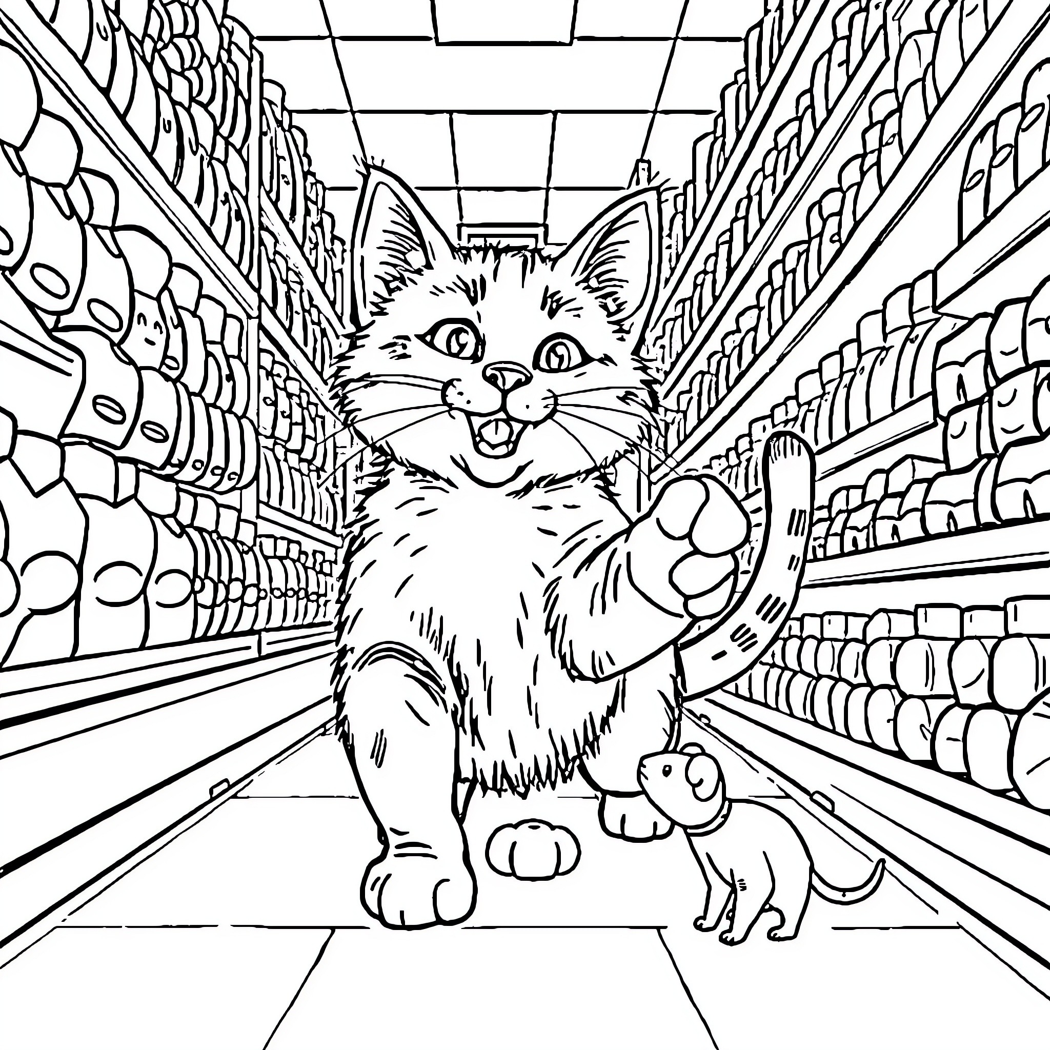 Cat exploring a grocery store aisle Coloring Page (free black-and-white line drawing printable PDF for all, from beginners to advanced learners, including children, teens, adults, and seniors)