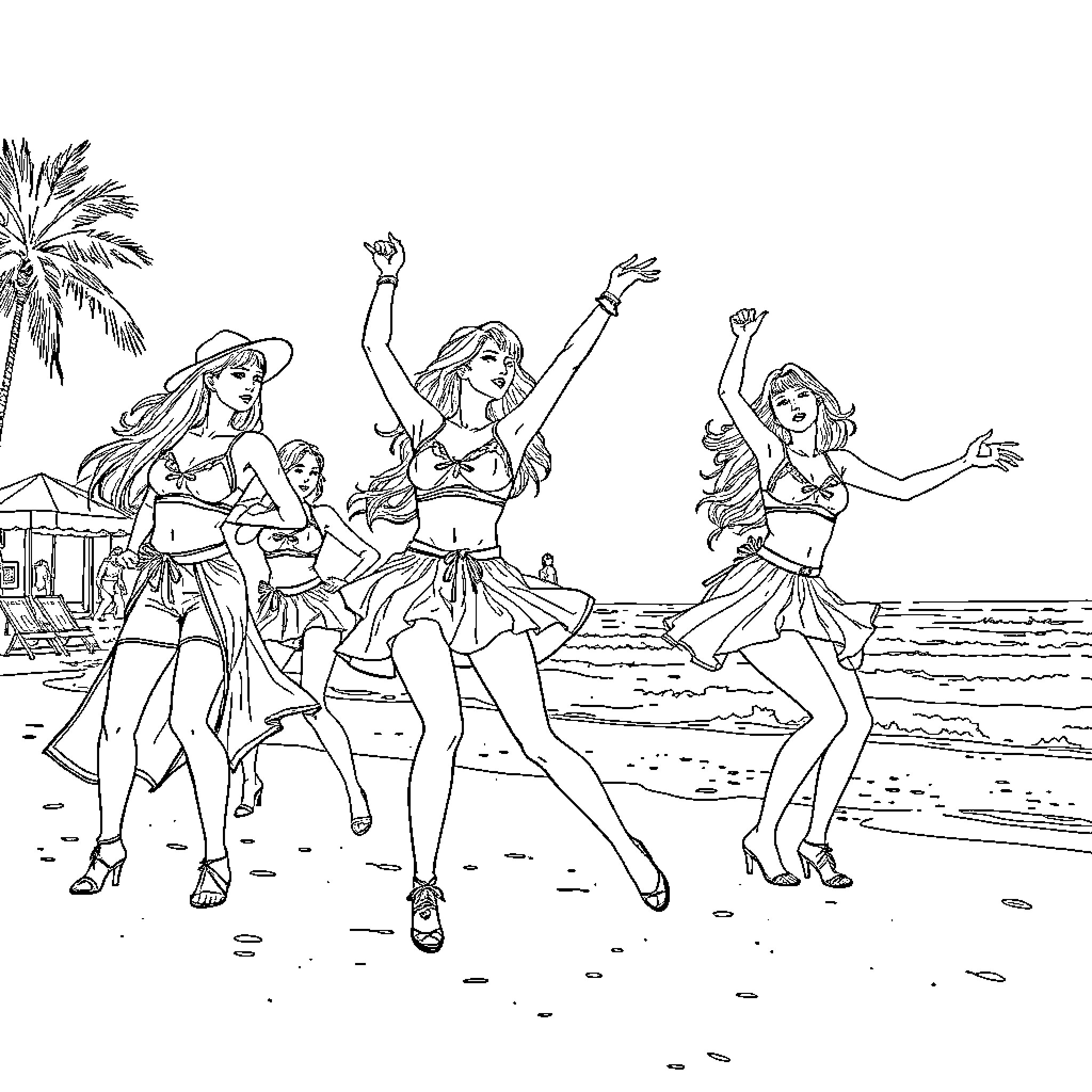 Kpop Warriors performing dynamic dance moves on the beach Coloring Page (free black-and-white line drawing printable PDF for all, from beginners to advanced learners, including children, teens, adults, and seniors)