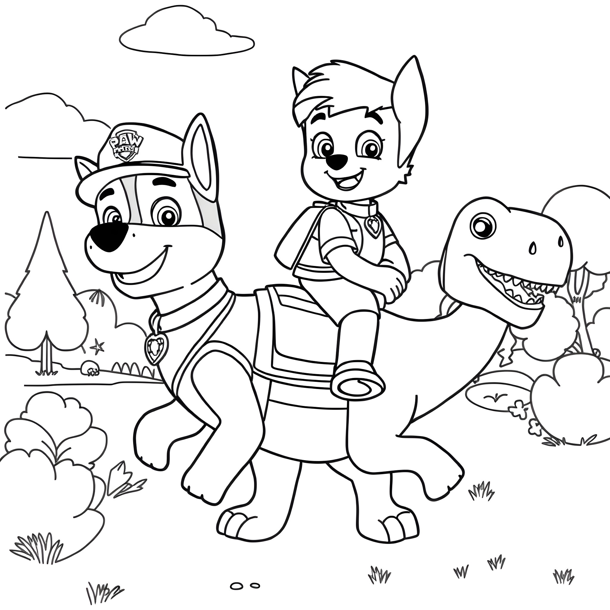 Chase through the wilderness with friendly pups Coloring Page (free black-and-white line drawing printable PDF for all, from beginners to advanced learners, including children, teens, adults, and seniors)