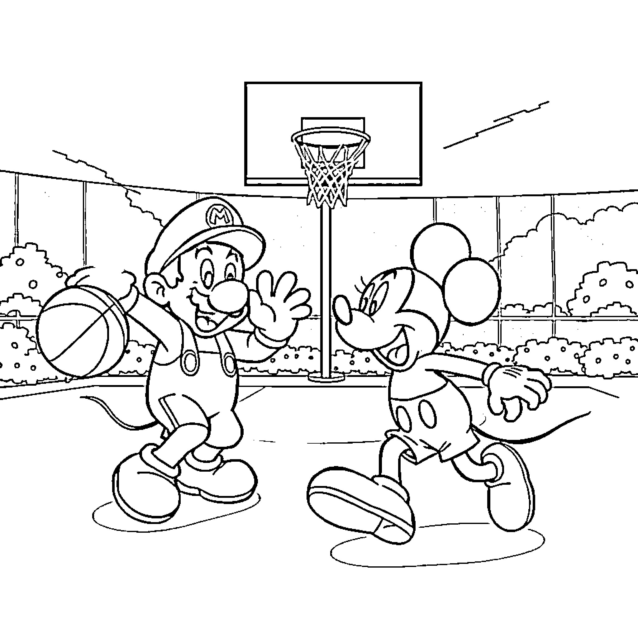 Mario and Mickey Playing Basketball Outdoors Coloring Page (free black-and-white line drawing printable PDF for all, from beginners to advanced learners, including children, teens, adults, and seniors)