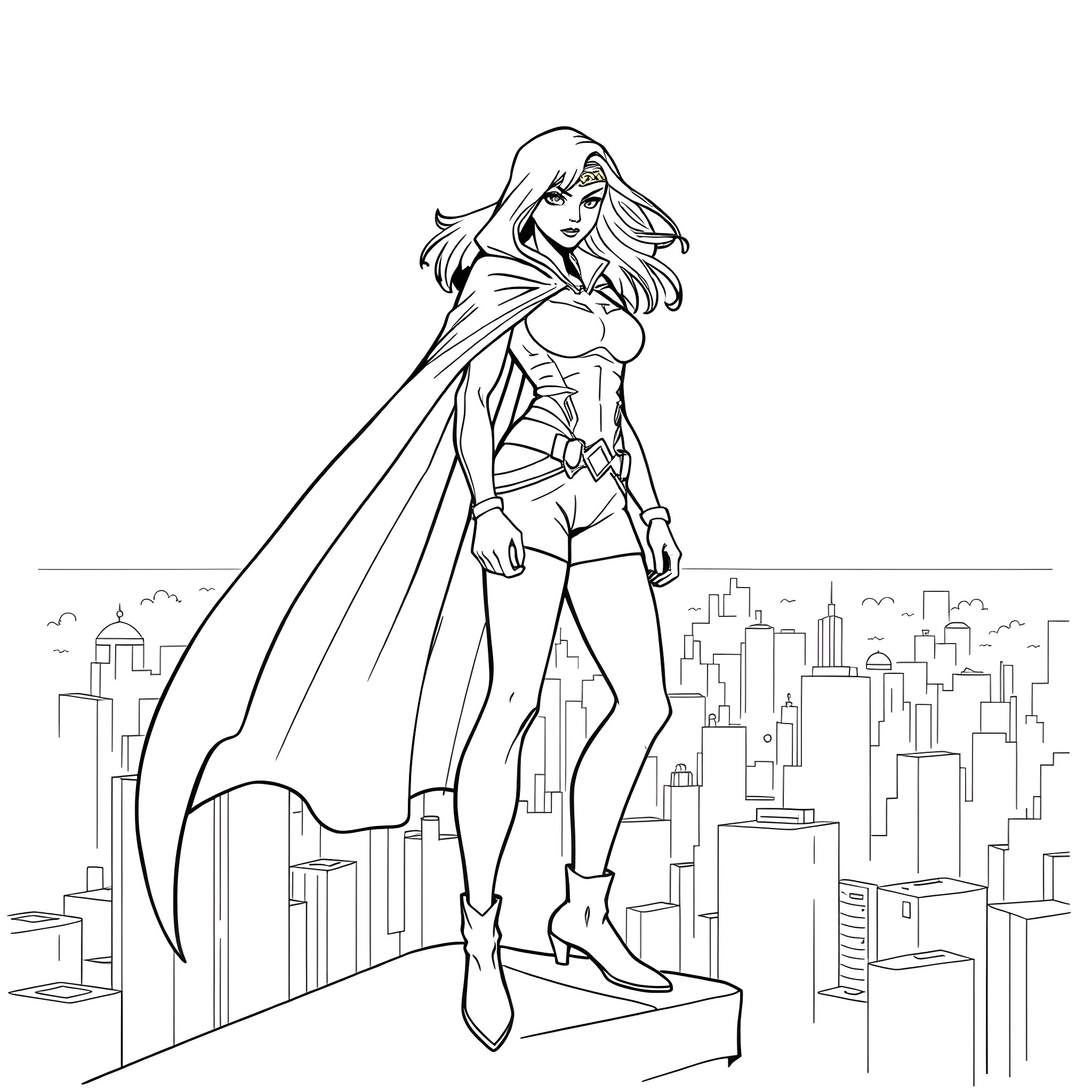 Superheroine Soaring Above the City Coloring Page (free black-and-white line drawing printable PDF for all, from beginners to advanced learners, including children, teens, adults, and seniors)