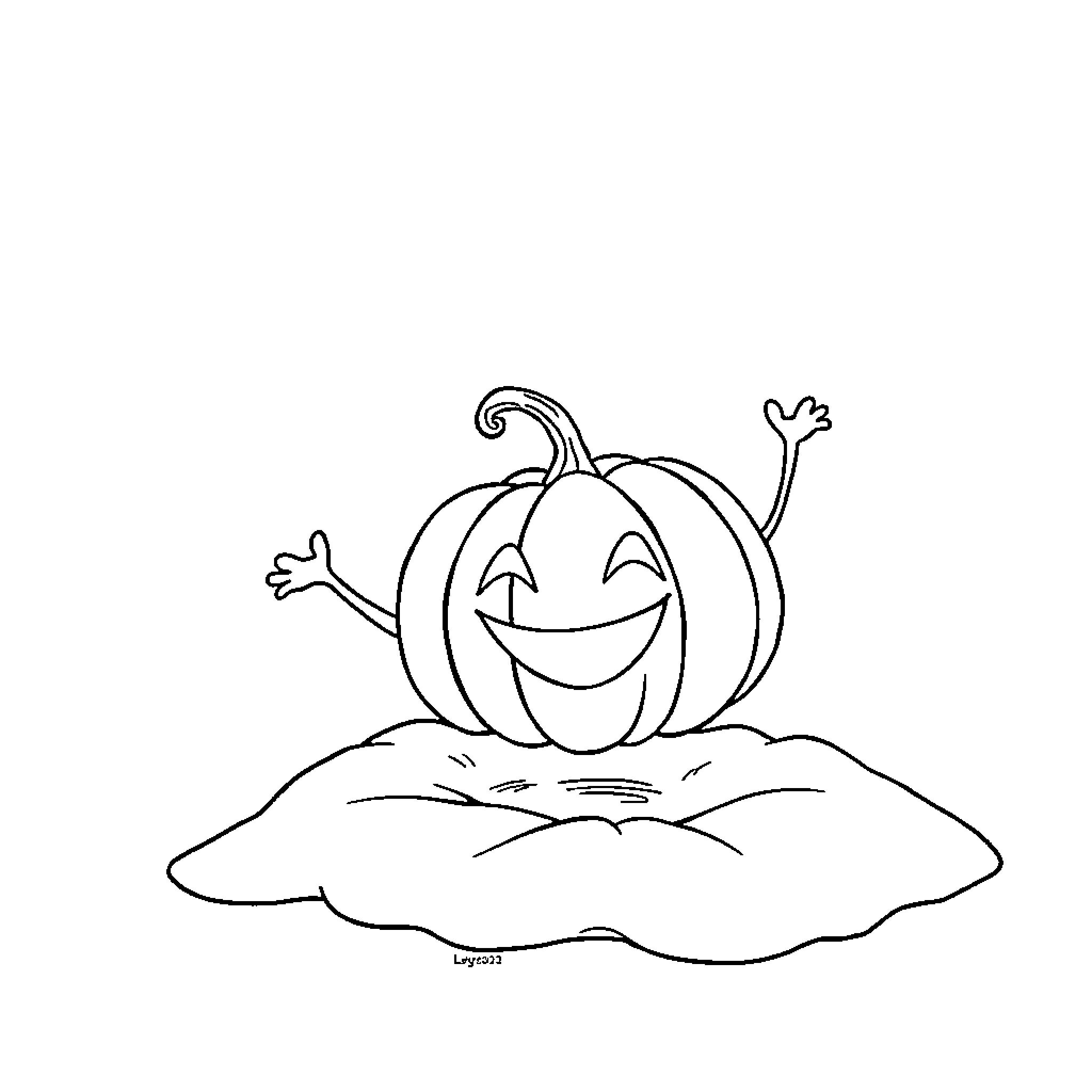 Pumpkin character happily waving on a cloud Coloring Page (free black-and-white line drawing printable PDF for all, from beginners to advanced learners, including children, teens, adults, and seniors)