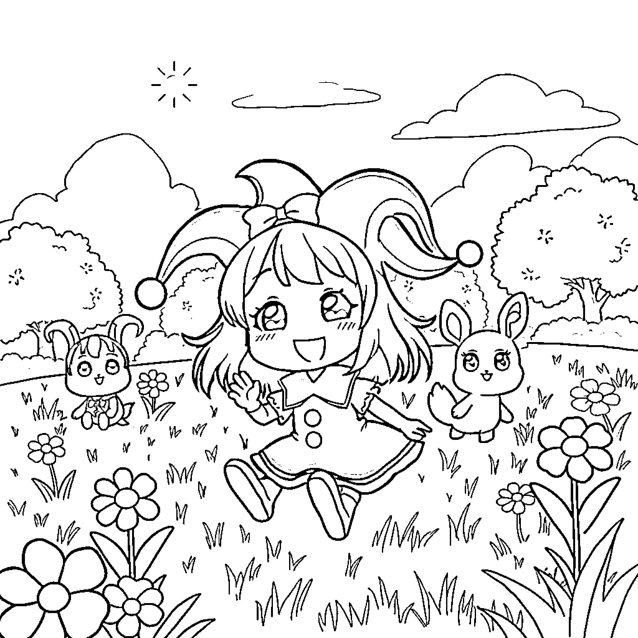 Kuromi playing happily in a whimsical garden Coloring Page (free black-and-white line drawing printable PDF for all, from beginners to advanced learners, including children, teens, adults, and seniors)