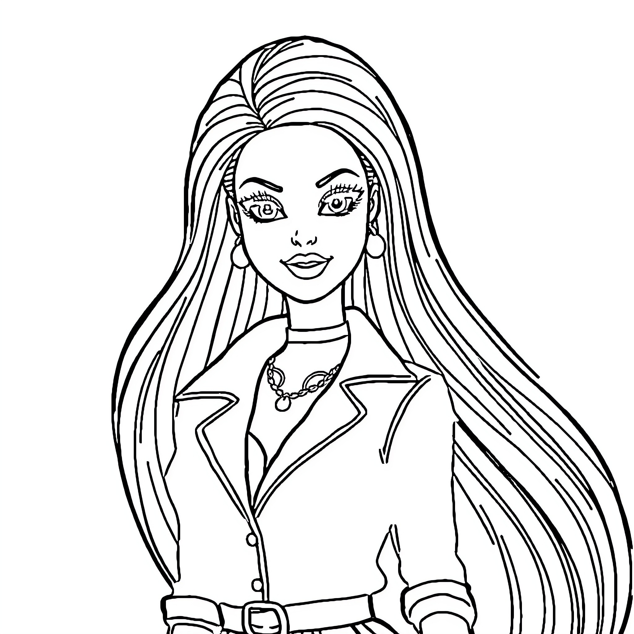 Barbie striking a confident pose in stylish outfit Coloring Page (free black-and-white line drawing printable PDF for all, from beginners to advanced learners, including children, teens, adults, and seniors)