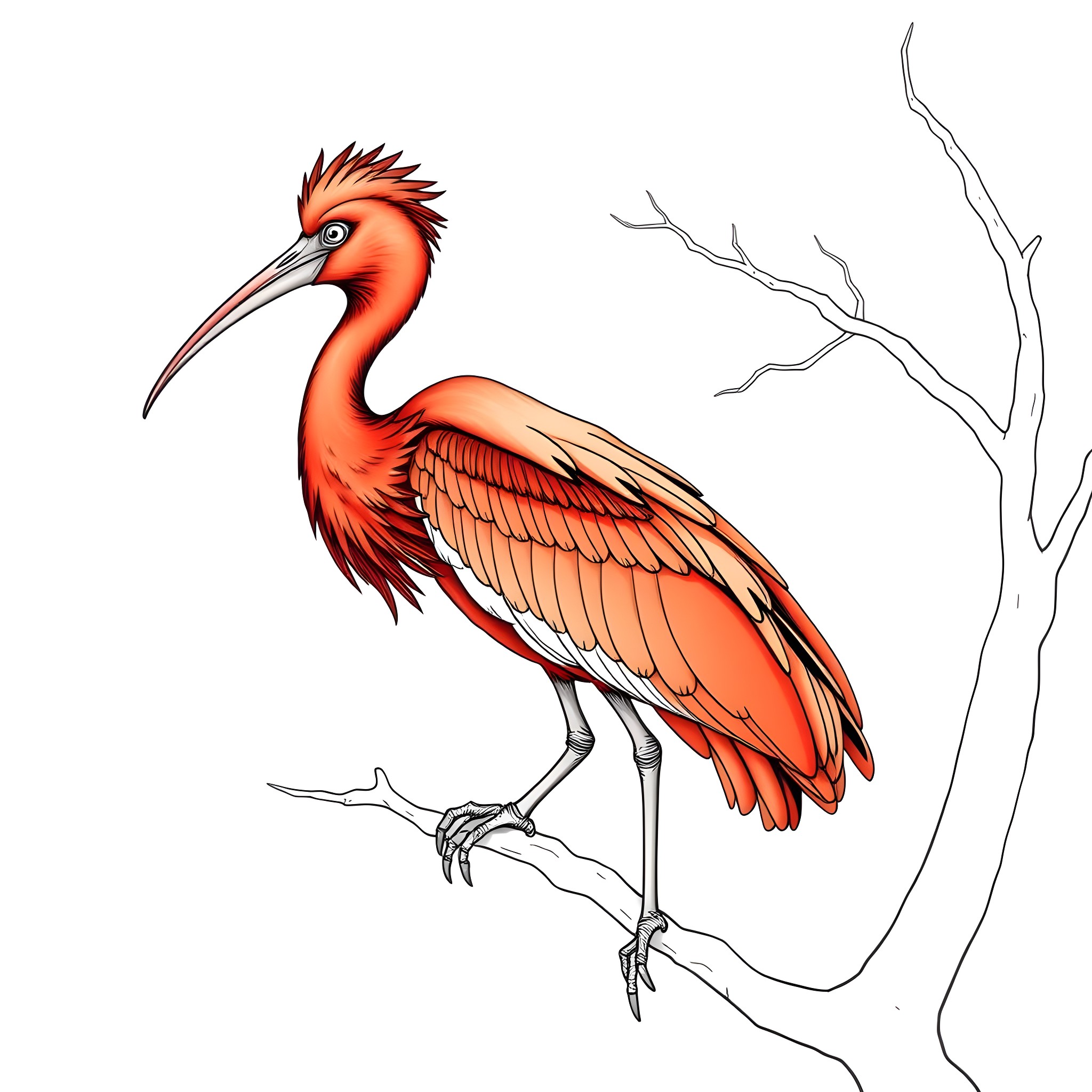 Scarlet Ibis Striking a Pose in Nature Coloring Page (free black-and-white line drawing printable PDF for all, from beginners to advanced learners, including children, teens, adults, and seniors)