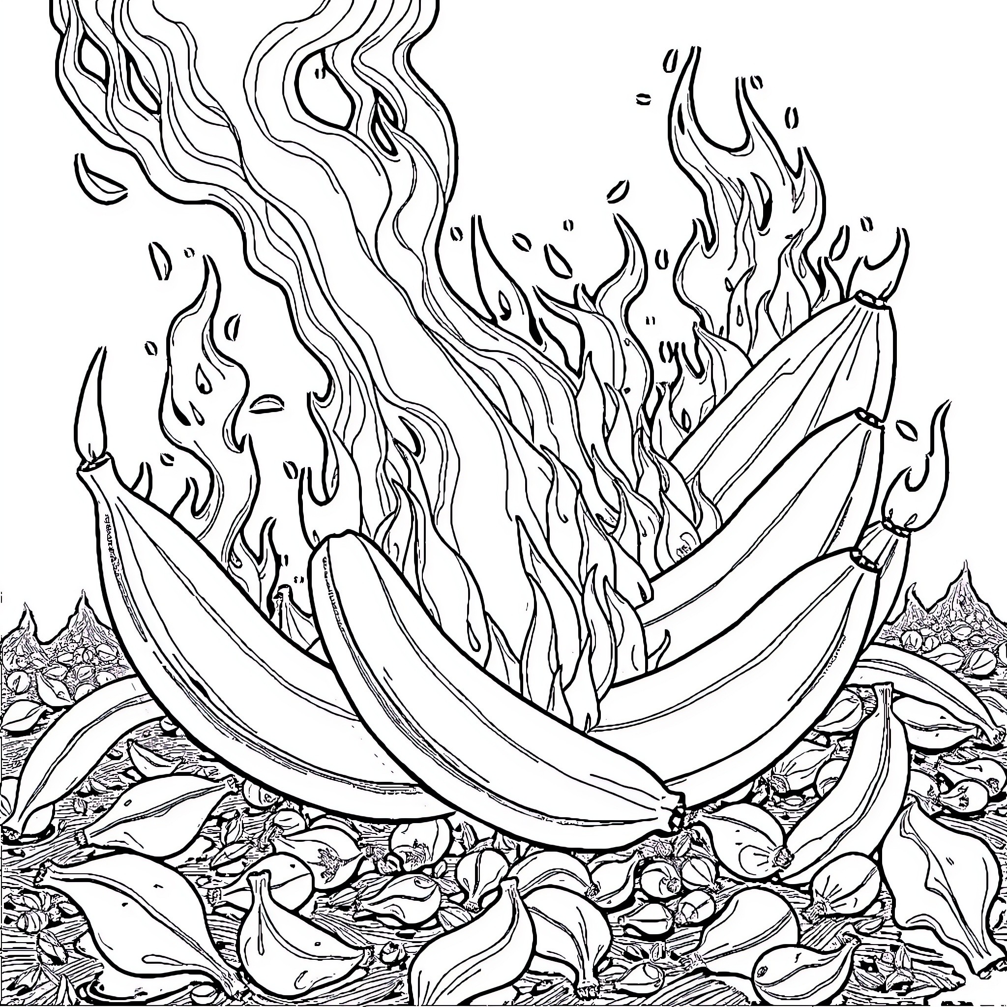 Banana Ablaze: Fiery Shapes and Curves Coloring Page (free black-and-white line drawing printable PDF for all, from beginners to advanced learners, including children, teens, adults, and seniors)