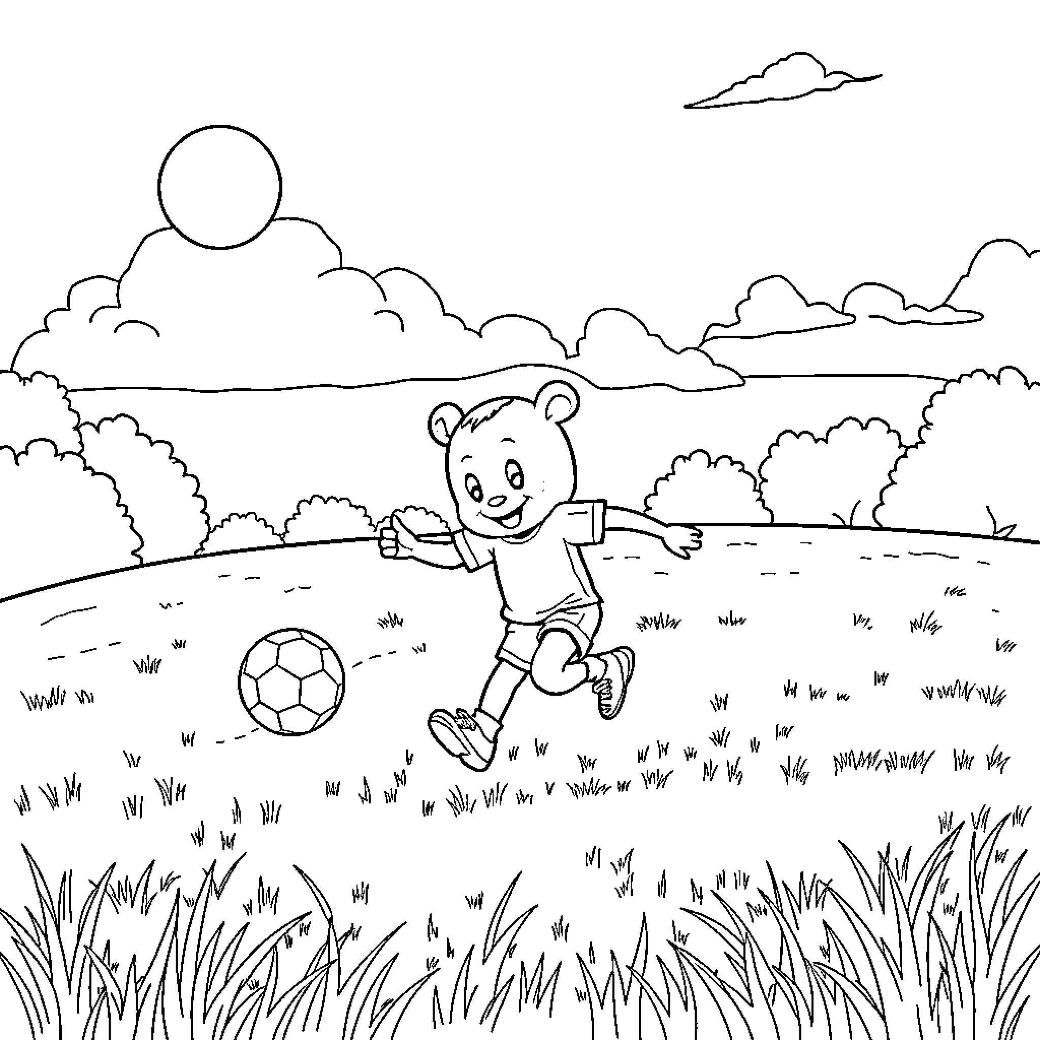 Bluey playing with a soccer ball in the countryside Coloring Page (free black-and-white line drawing printable PDF for all, from beginners to advanced learners, including children, teens, adults, and seniors)