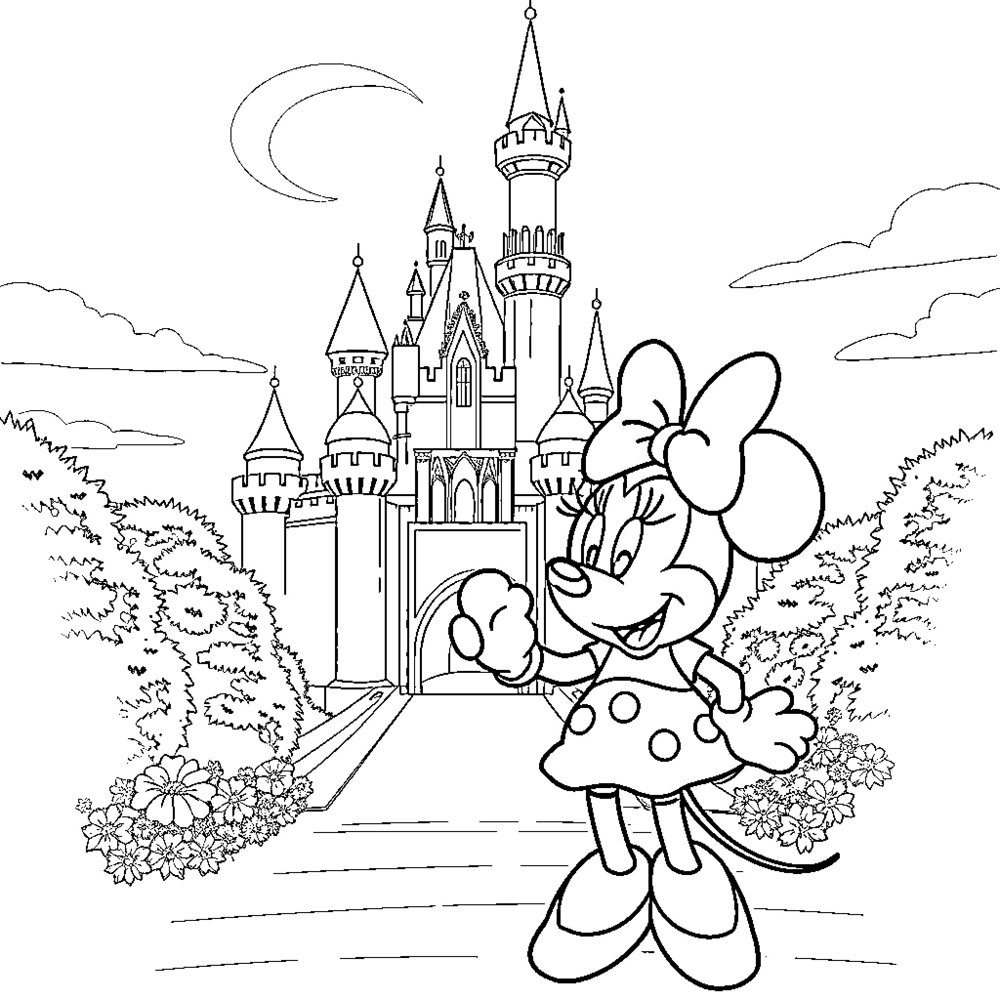 Girl Exploring the Enchanted Castle Coloring Page (free black-and-white line drawing printable PDF for all, from beginners to advanced learners, including children, teens, adults, and seniors)