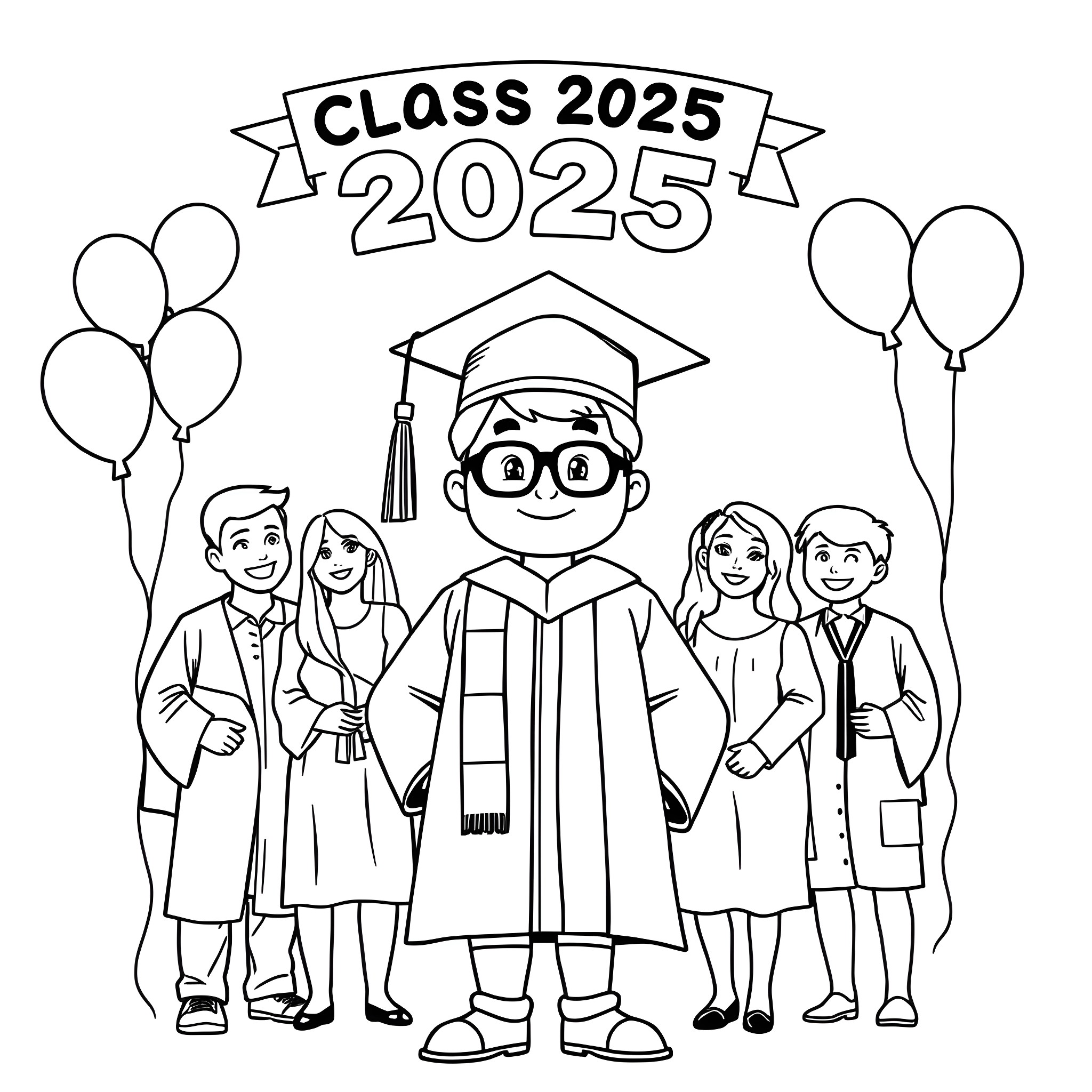Graduate Celebrates Class of 2025 with Family and Balloons Coloring Page (free black-and-white line drawing printable PDF for all, from beginners to advanced learners, including children, teens, adults, and seniors)