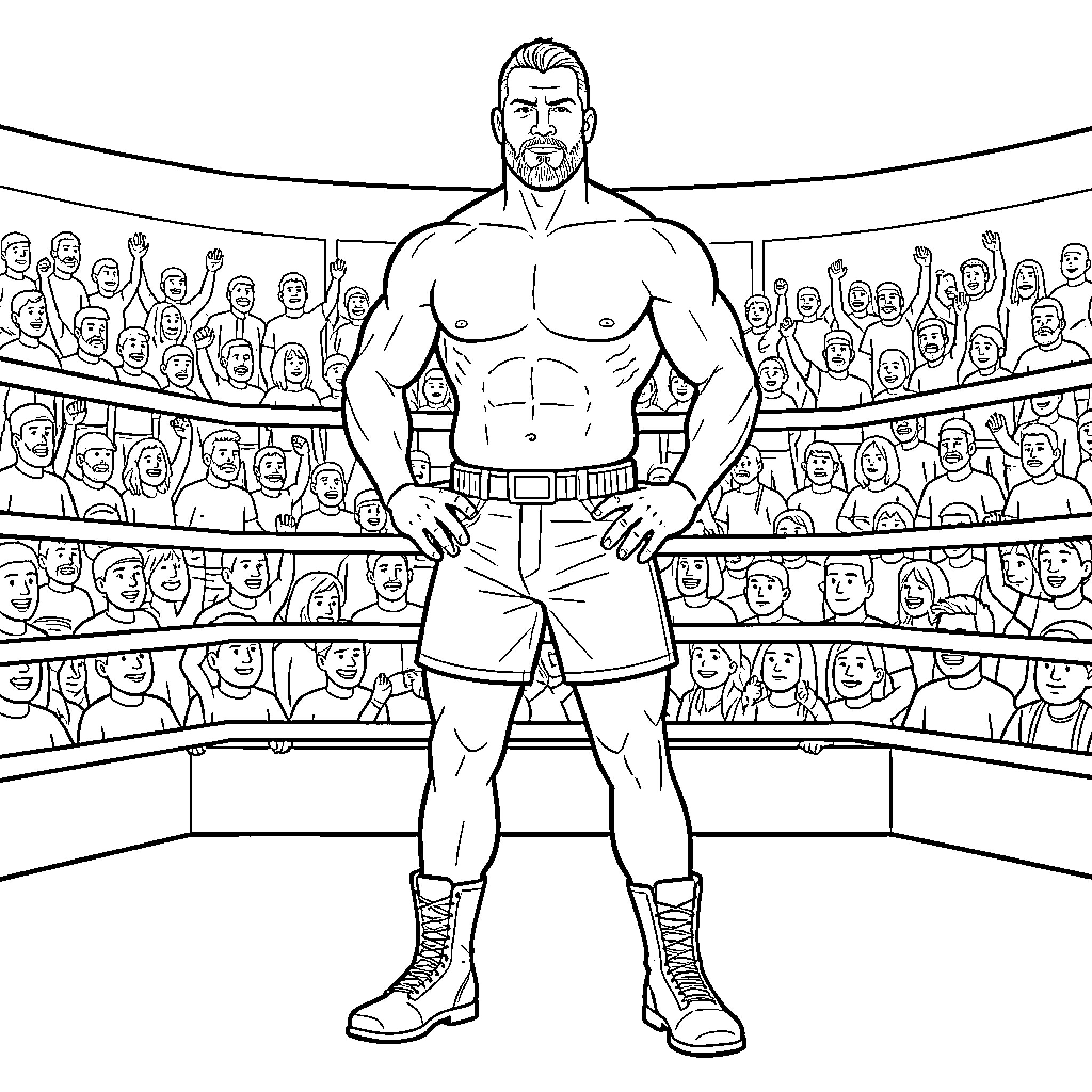 John Cena standing confidently in a wrestling ring Coloring Page (free black-and-white line drawing printable PDF for all, from beginners to advanced learners, including children, teens, adults, and seniors)