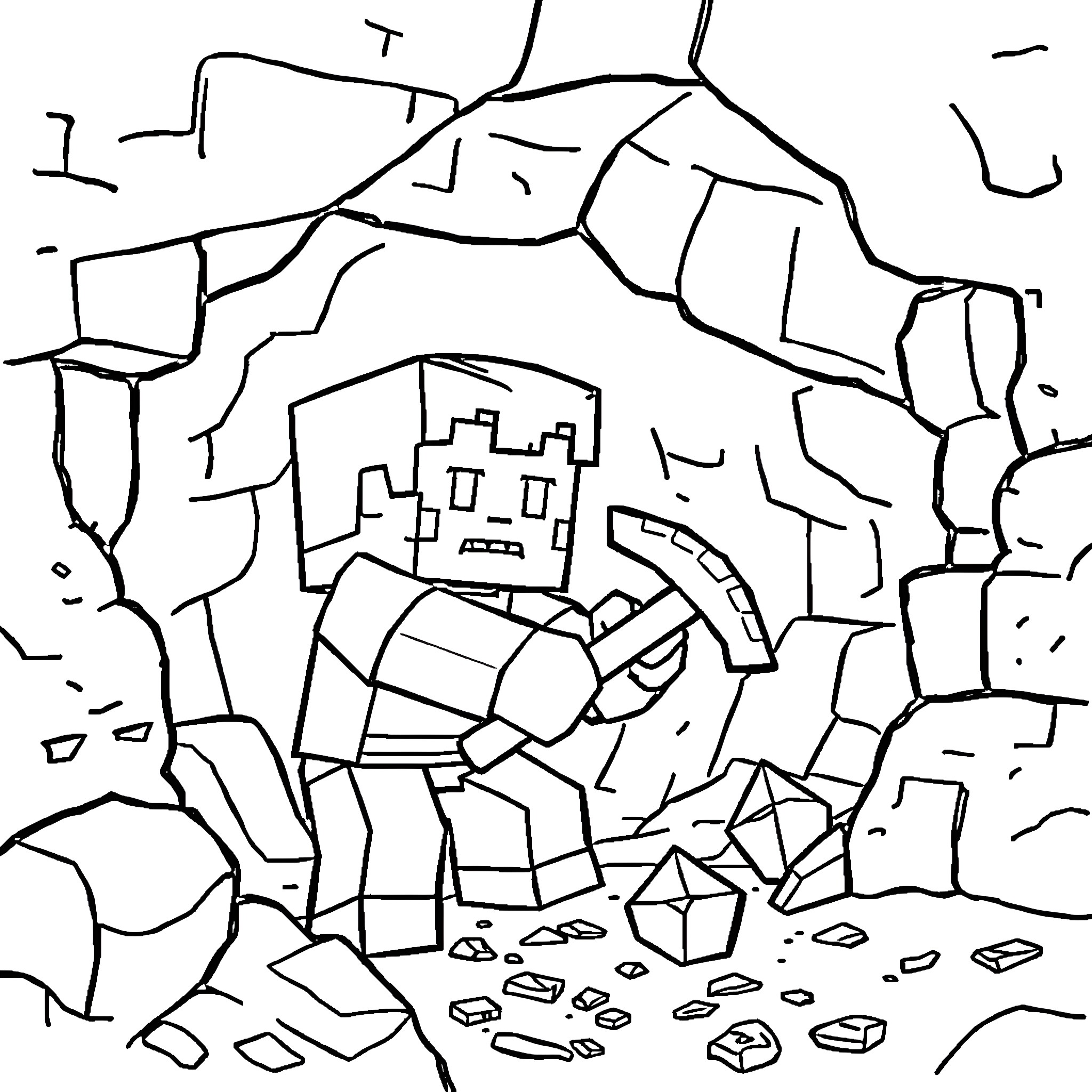 Steve exploring a mysterious cave Coloring Page (free black-and-white line drawing printable PDF for all, from beginners to advanced learners, including children, teens, adults, and seniors)