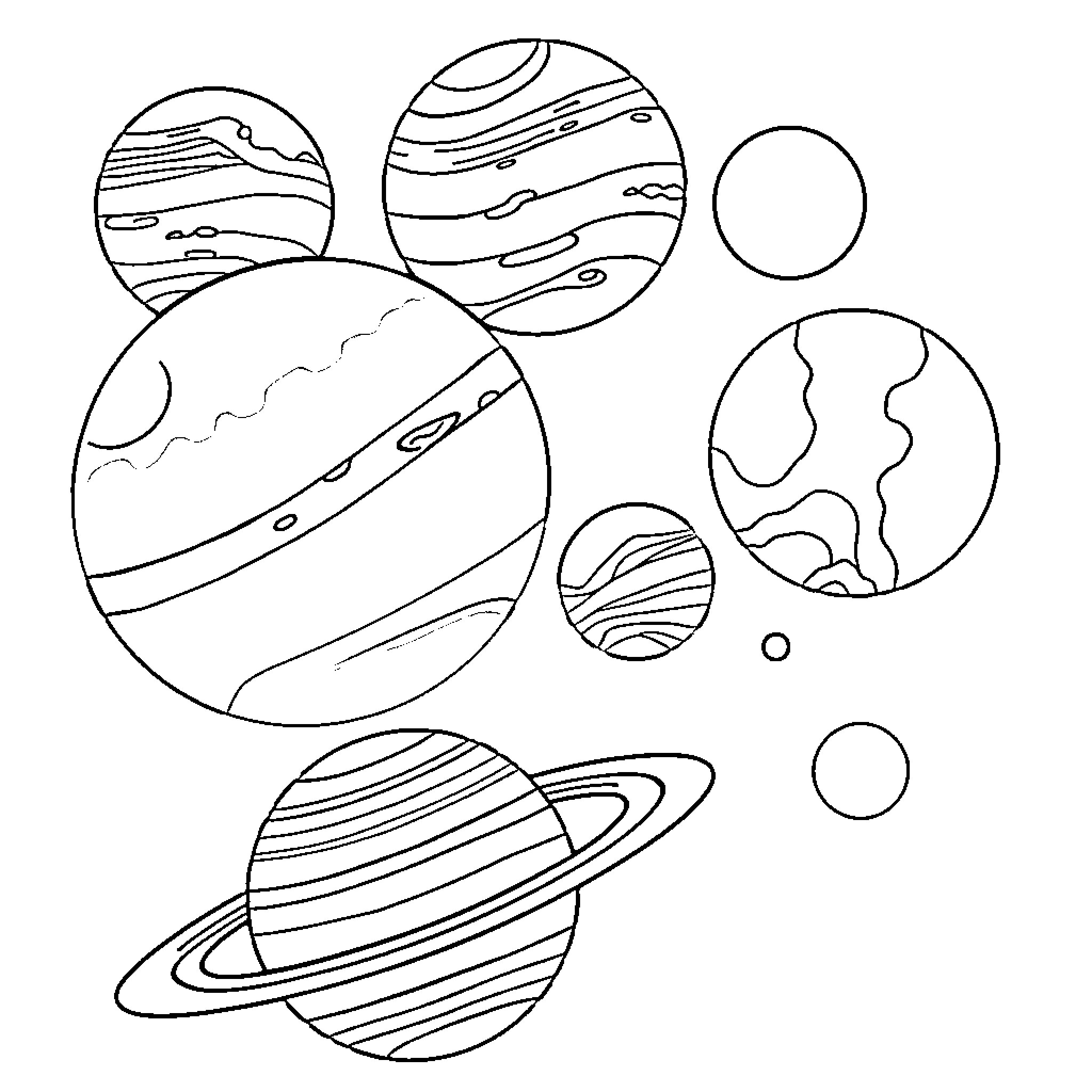 Planet-themed abstract shapes and patterns Coloring Page (free black-and-white line drawing printable PDF for all, from beginners to advanced learners, including children, teens, adults, and seniors)