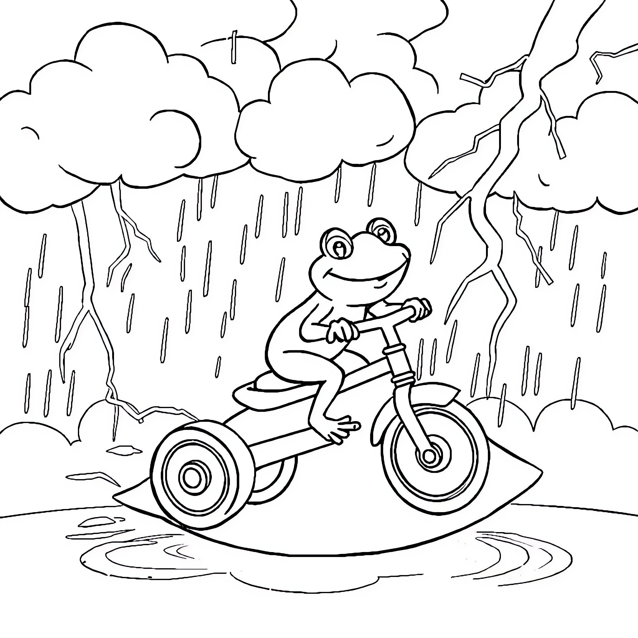 Frog riding tricycle in rainy forest Coloring Page (free black-and-white line drawing printable PDF for all, from beginners to advanced learners, including children, teens, adults, and seniors)