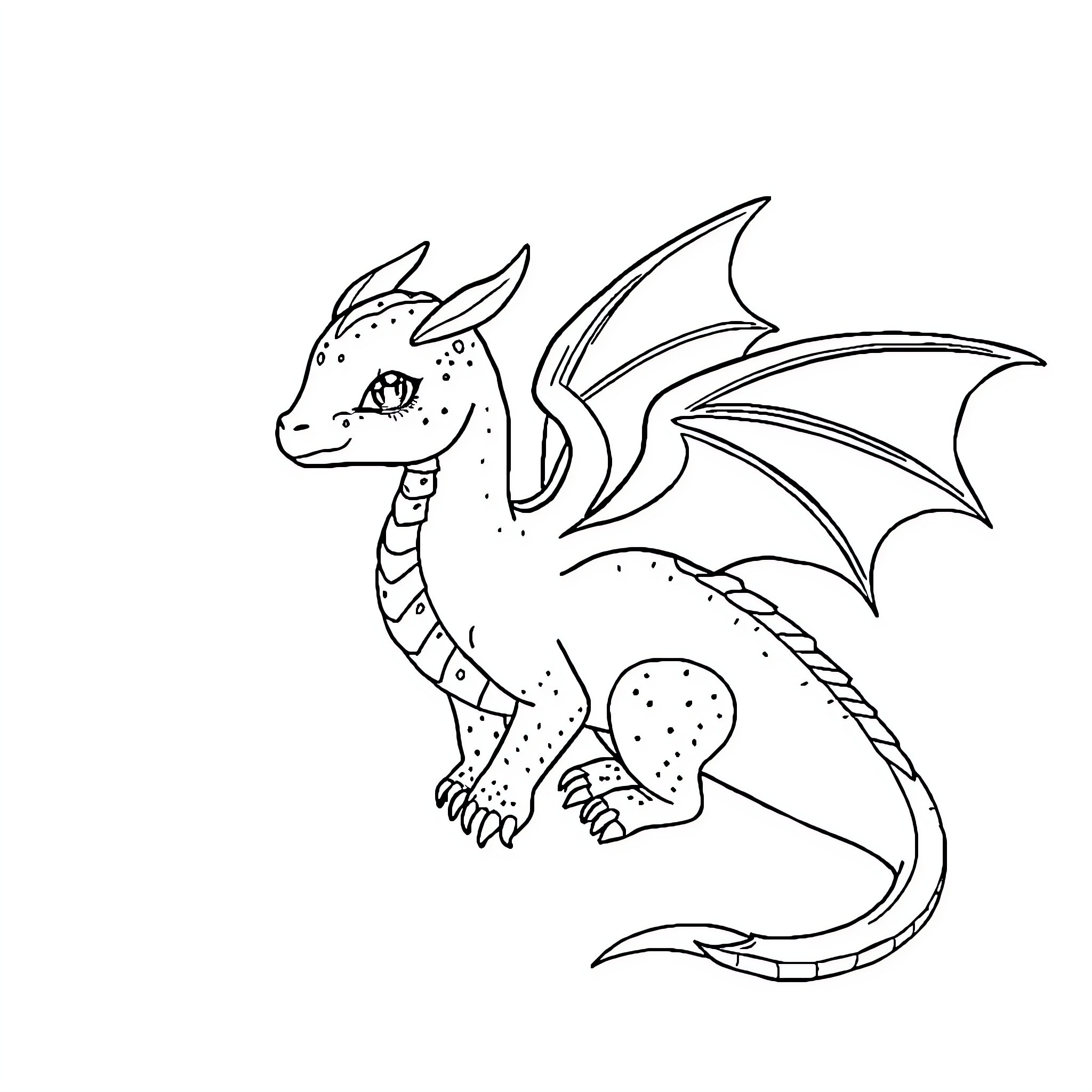 Fae Dragon sitting and observing Coloring Page (free black-and-white line drawing printable PDF for all, from beginners to advanced learners, including children, teens, adults, and seniors)