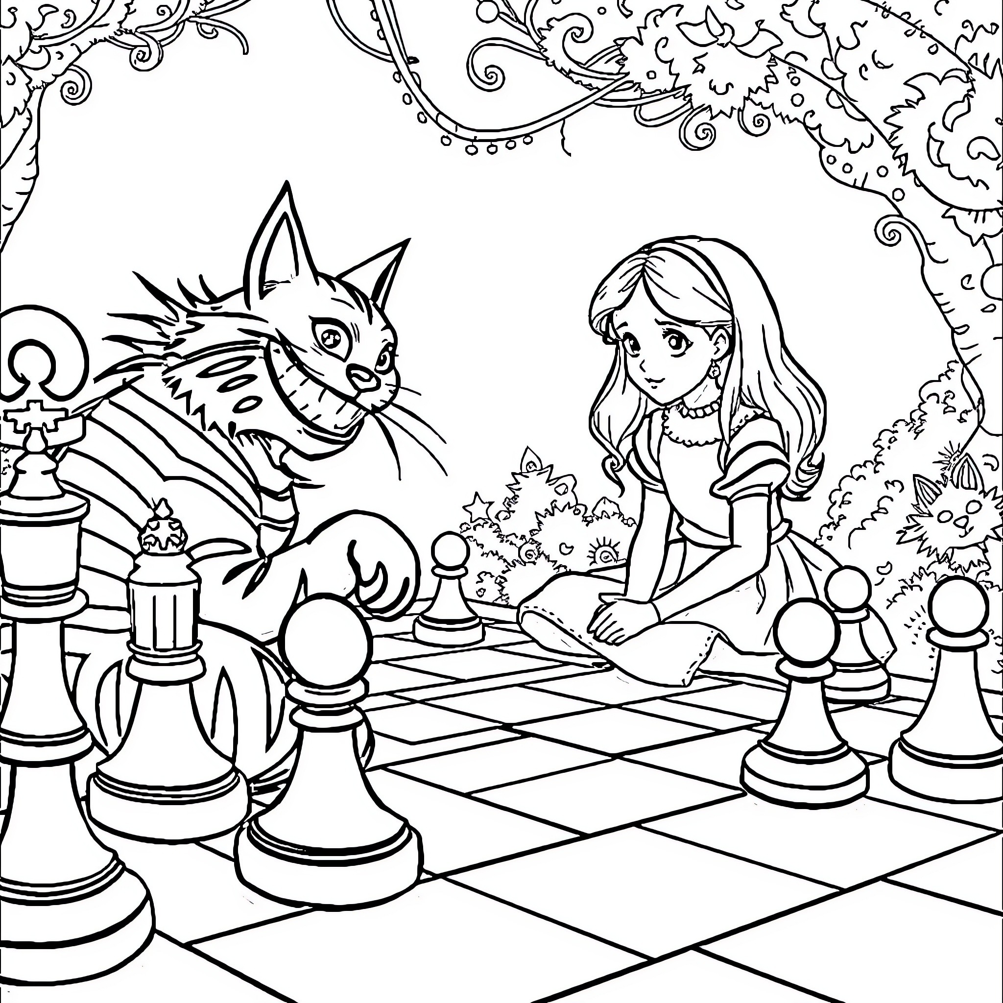 Alice playing chess with the Cheshire Cat Coloring Page (free black-and-white line drawing printable PDF for all, from beginners to advanced learners, including children, teens, adults, and seniors)