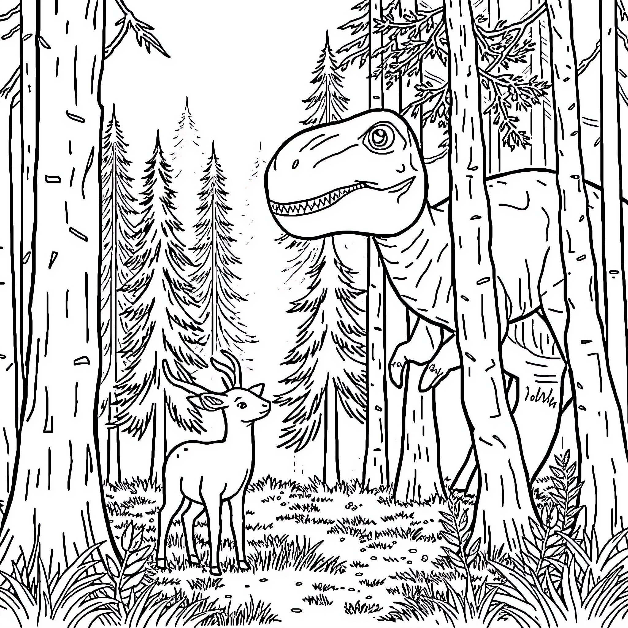 Deer exploring the forest with a dinosaur Coloring Page (free black-and-white line drawing printable PDF for all, from beginners to advanced learners, including children, teens, adults, and seniors)