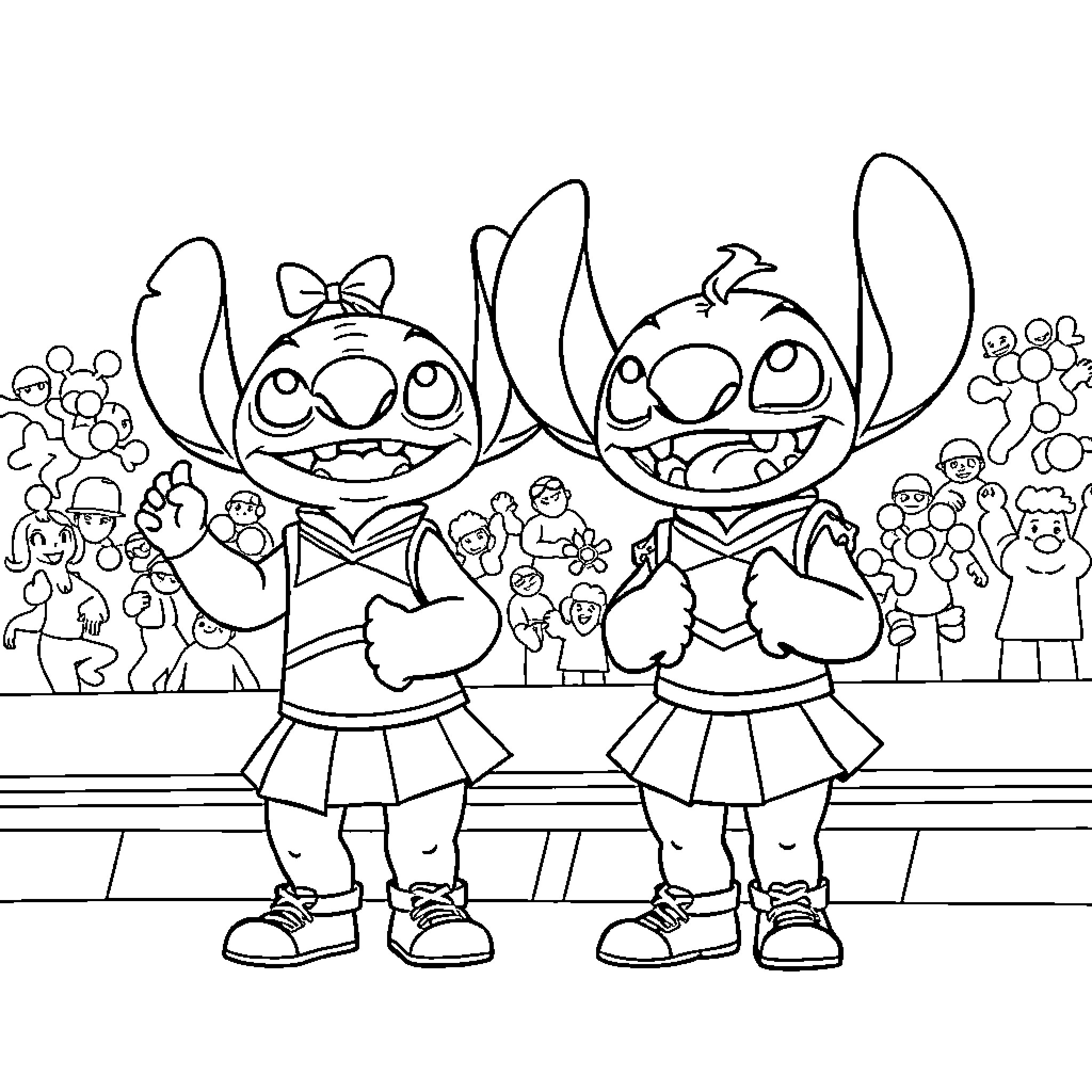 Rumi and Stitch at the parade with friends Coloring Page (free black-and-white line drawing printable PDF for all, from beginners to advanced learners, including children, teens, adults, and seniors)