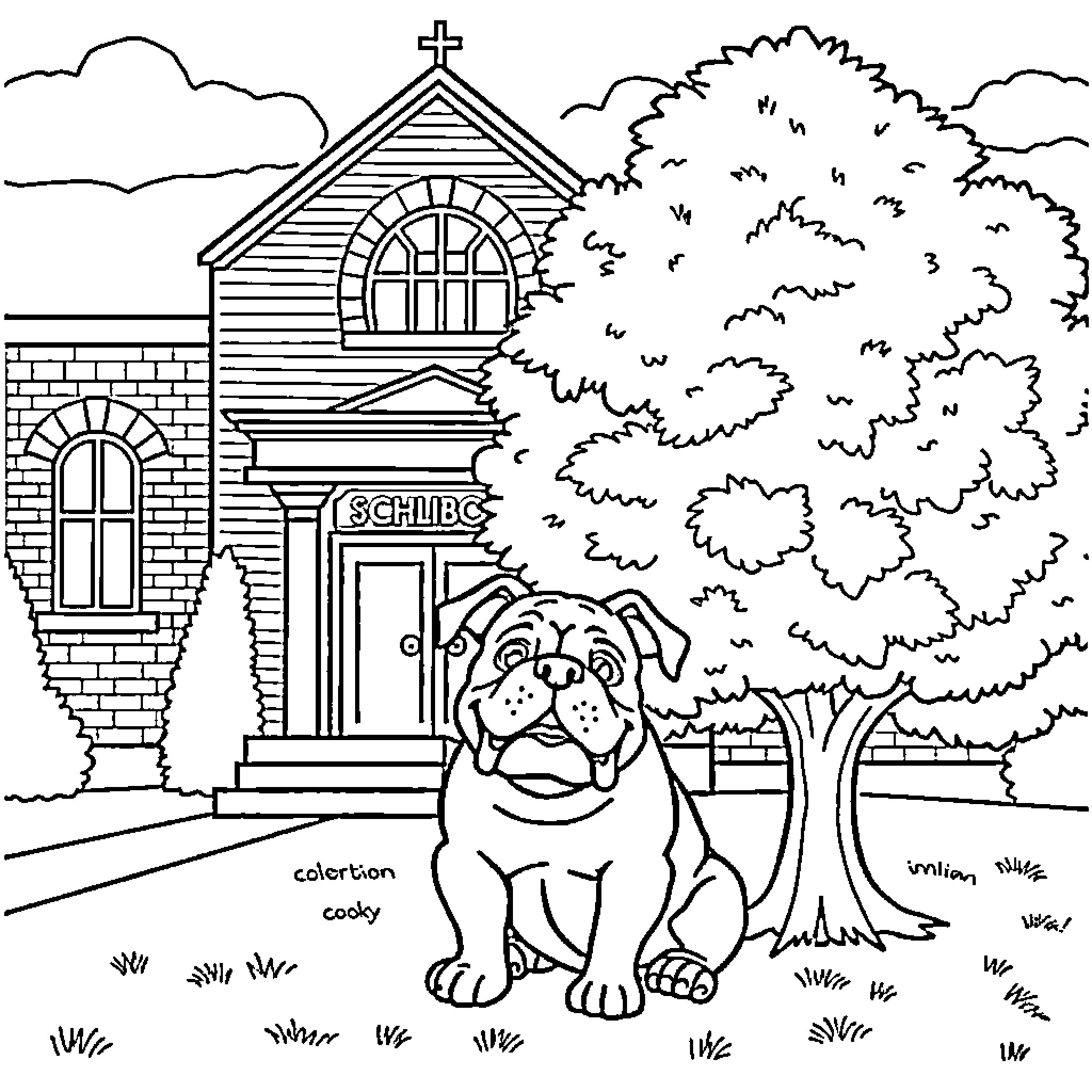 Bulldog posing in front of a school building Coloring Page (free black-and-white line drawing printable PDF for all, from beginners to advanced learners, including children, teens, adults, and seniors)