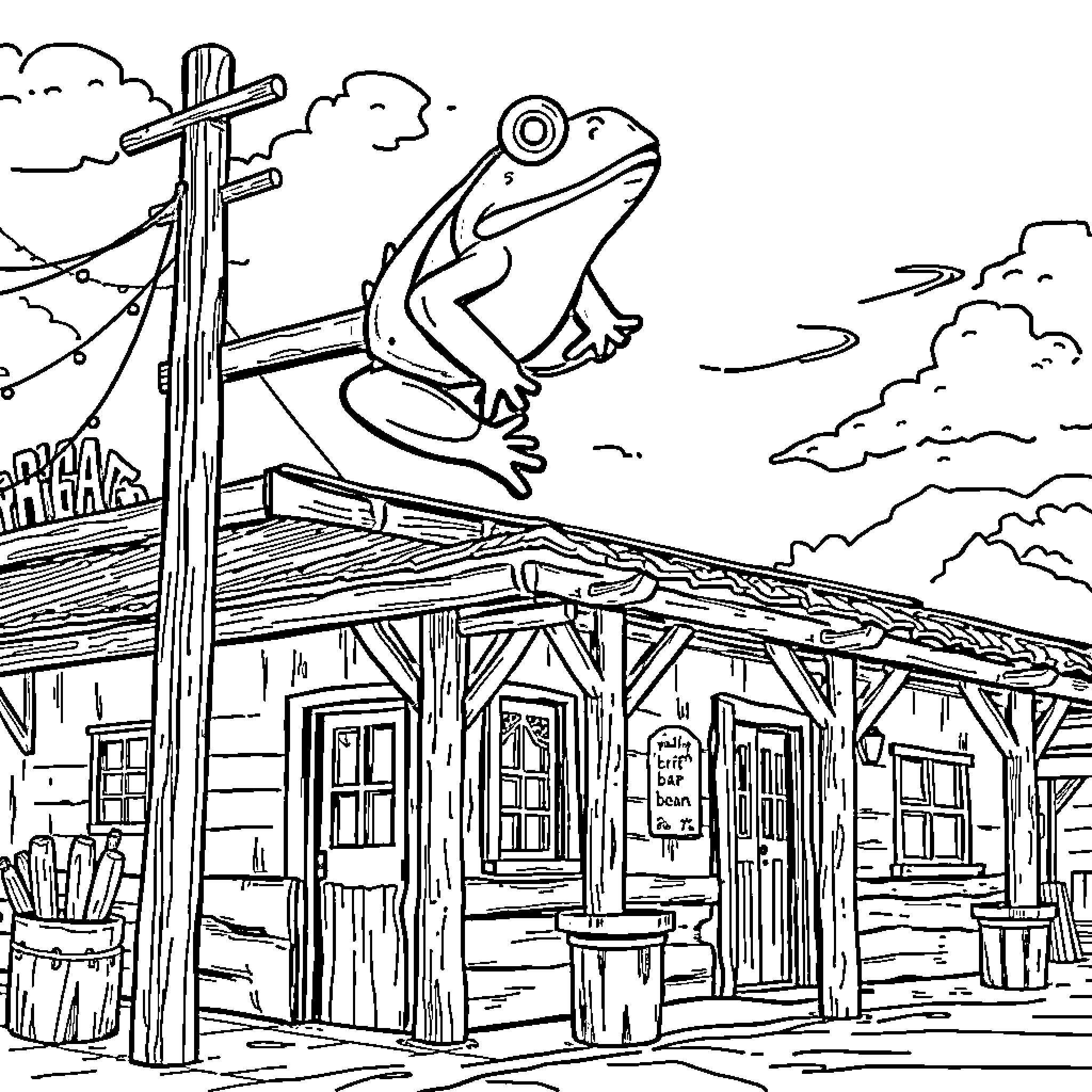 Frog leaping on a wooden cabin in the countryside Coloring Page (free black-and-white line drawing printable PDF for all, from beginners to advanced learners, including children, teens, adults, and seniors)