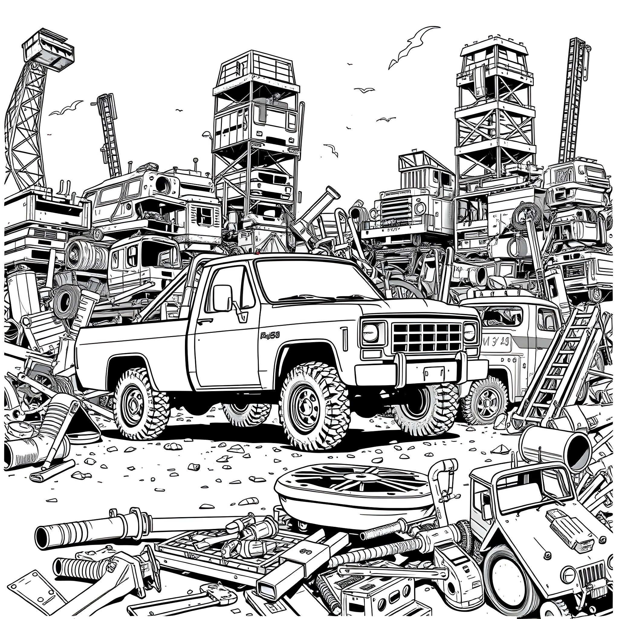 Pick Up Truck in Busy Construction Yard Coloring Page (free black-and-white line drawing printable PDF for all, from beginners to advanced learners, including children, teens, adults, and seniors)