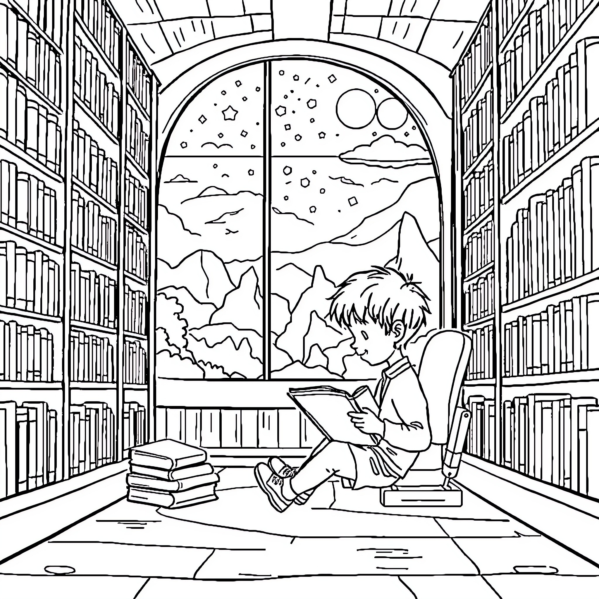 Child Relaxing and Reading in a Cozy Library Coloring Page (free black-and-white line drawing printable PDF for all, from beginners to advanced learners, including children, teens, adults, and seniors)