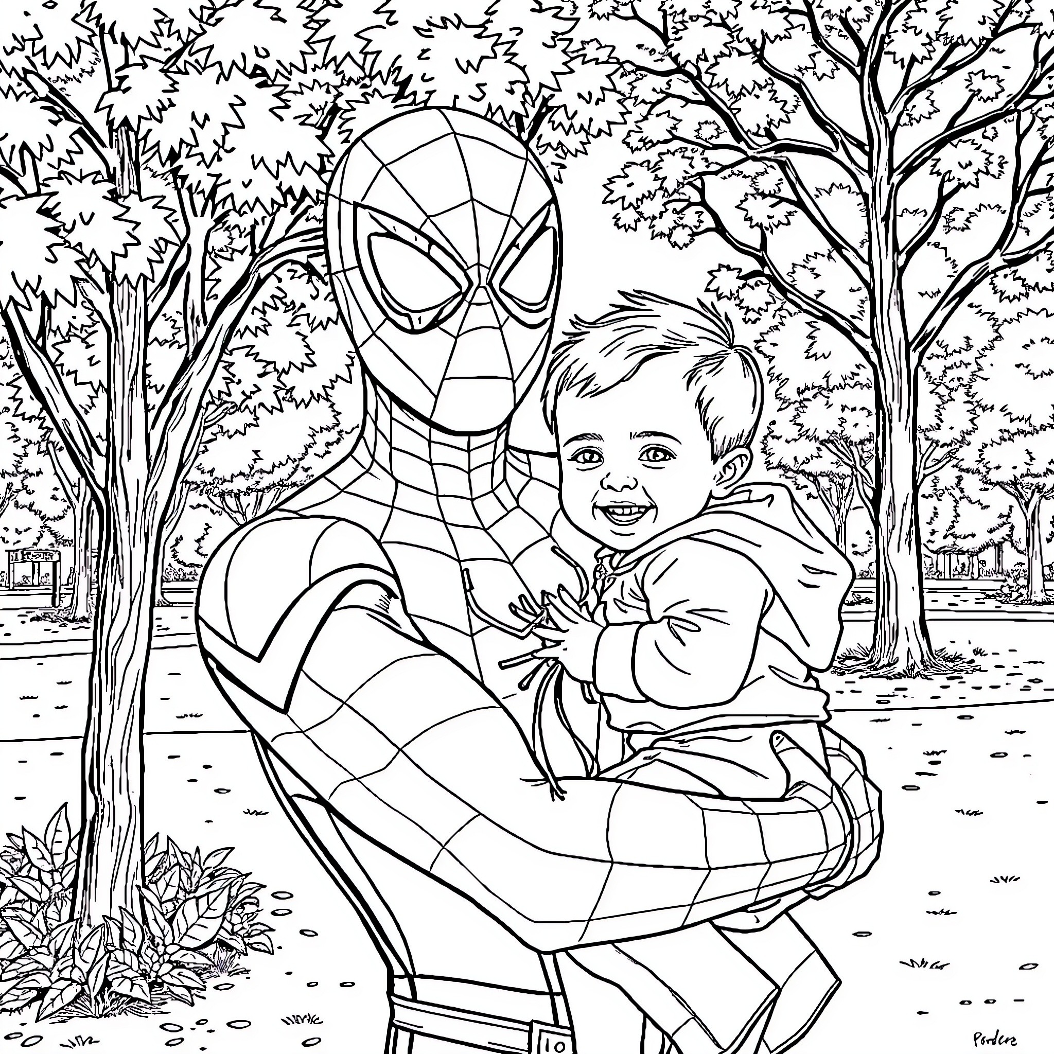 Spiderman holding a smiling child in the park Coloring Page (free black-and-white line drawing printable PDF for all, from beginners to advanced learners, including children, teens, adults, and seniors)