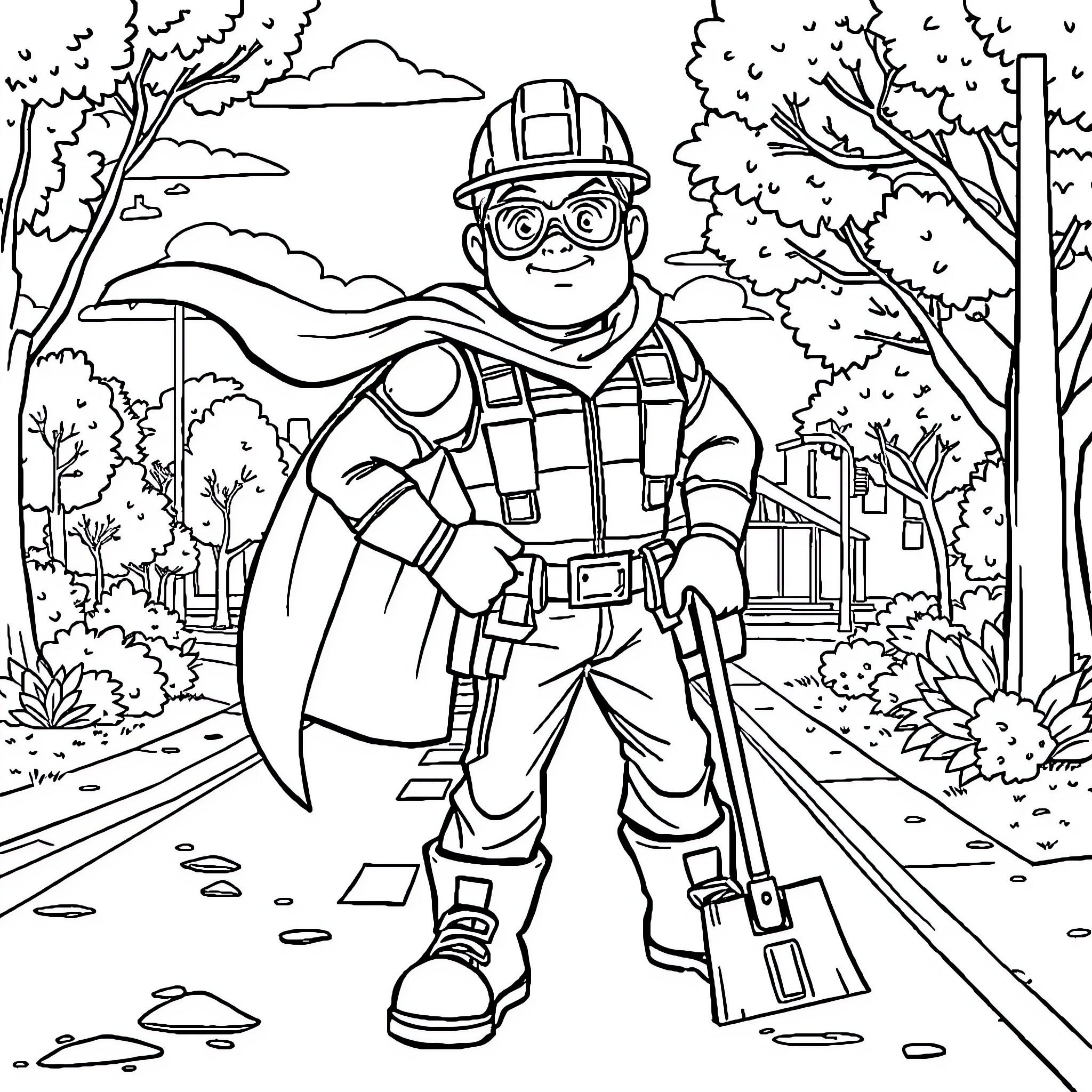 Superhero Construction Worker Patrolling the Neighborhood Coloring Page (free black-and-white line drawing printable PDF for all, from beginners to advanced learners, including children, teens, adults, and seniors)