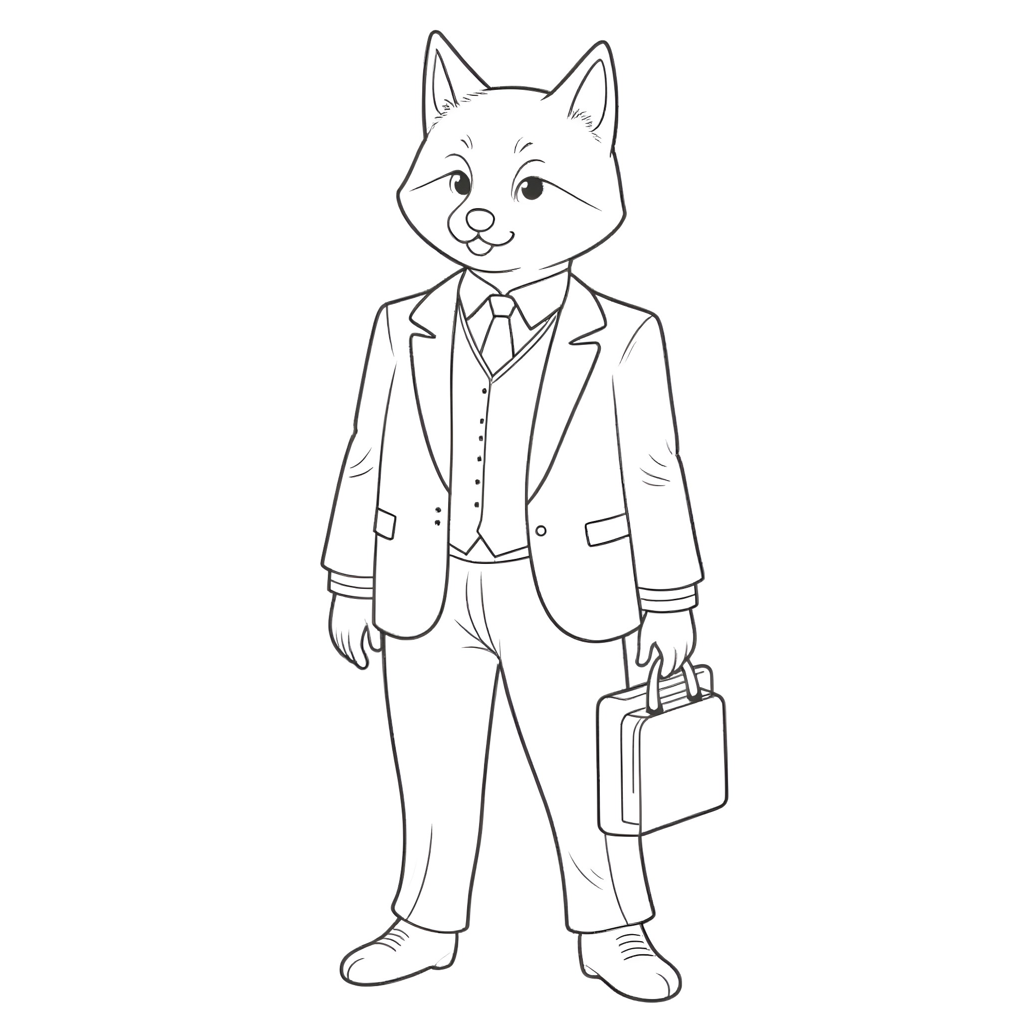 Shiba Inu in a business suit with a briefcase Coloring Page (free black-and-white line drawing printable PDF for all, from beginners to advanced learners, including children, teens, adults, and seniors)