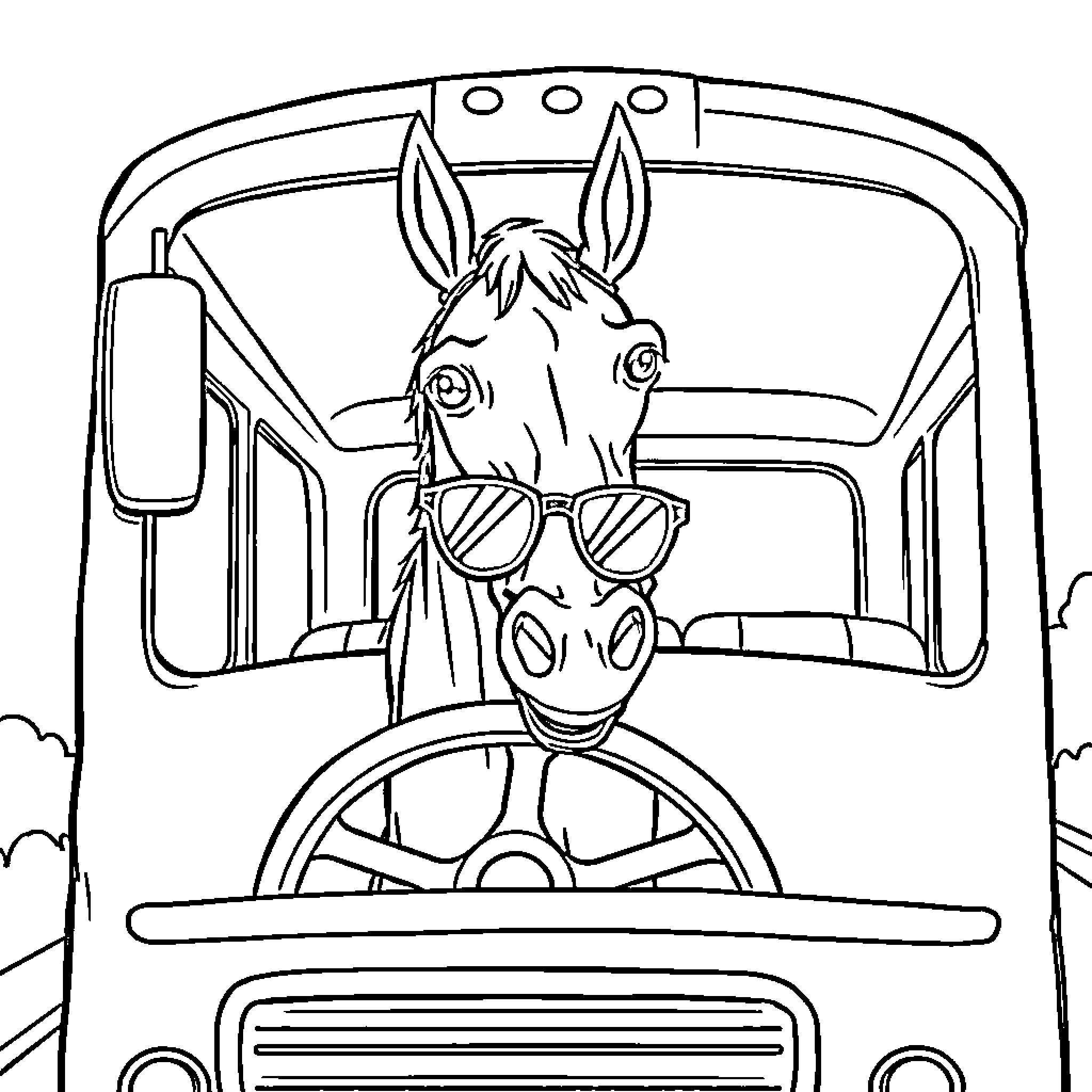 Horse wearing sunglasses driving a vehicle Coloring Page (free black-and-white line drawing printable PDF for all, from beginners to advanced learners, including children, teens, adults, and seniors)