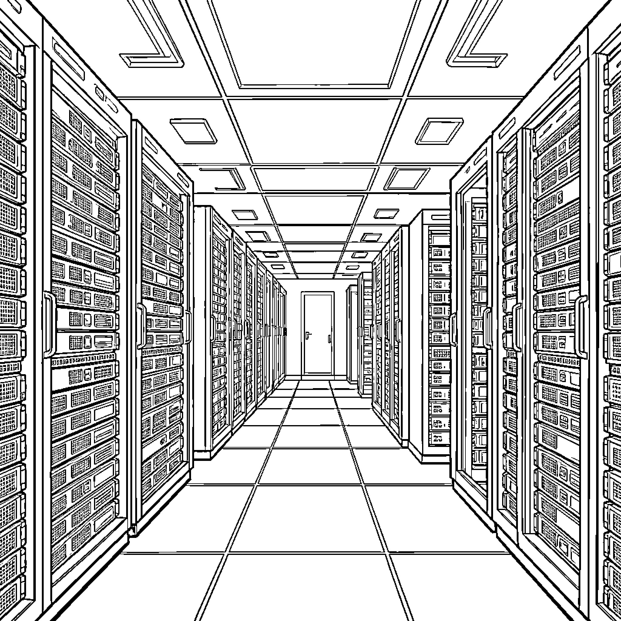 Datacenter interior with computer server racks Coloring Page (free black-and-white line drawing printable PDF for all, from beginners to advanced learners, including children, teens, adults, and seniors)