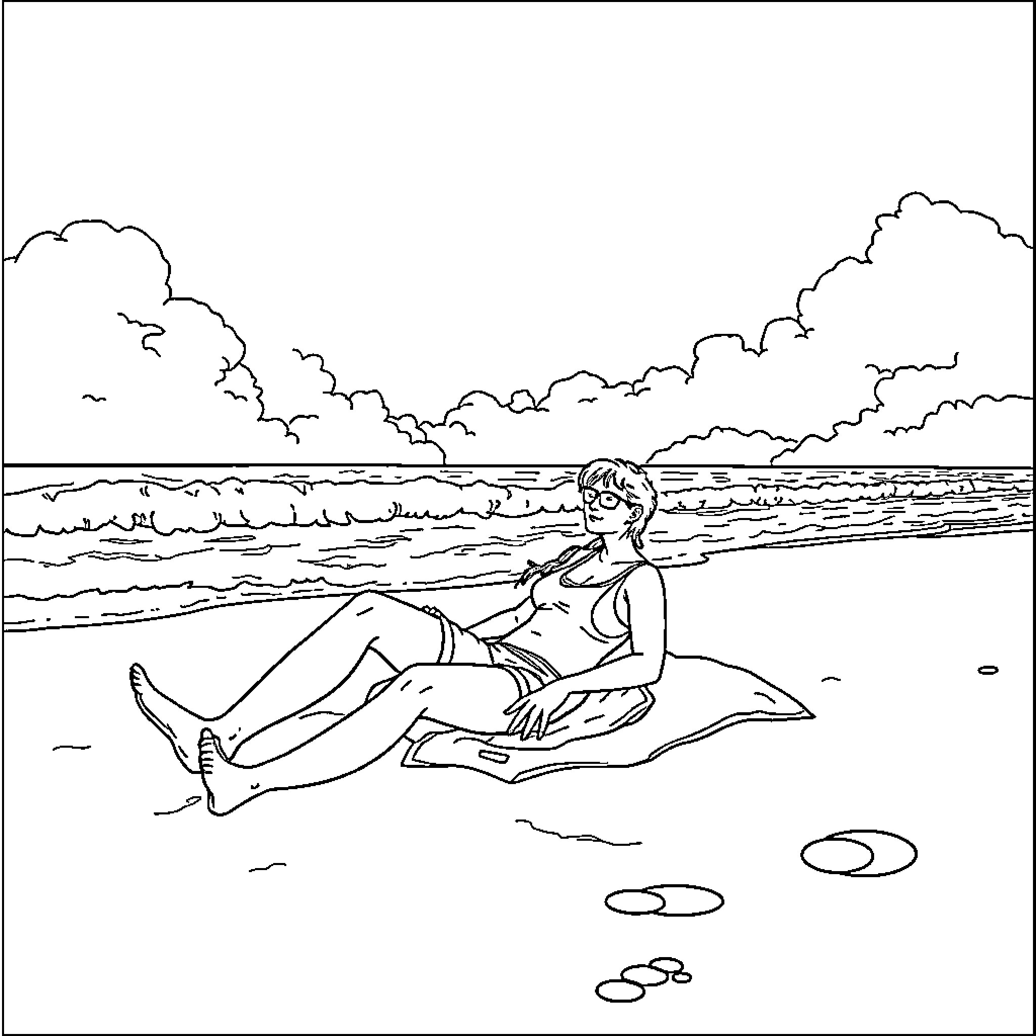 Me relaxing on the beach Coloring Page (free black-and-white line drawing printable PDF for all, from beginners to advanced learners, including children, teens, adults, and seniors)