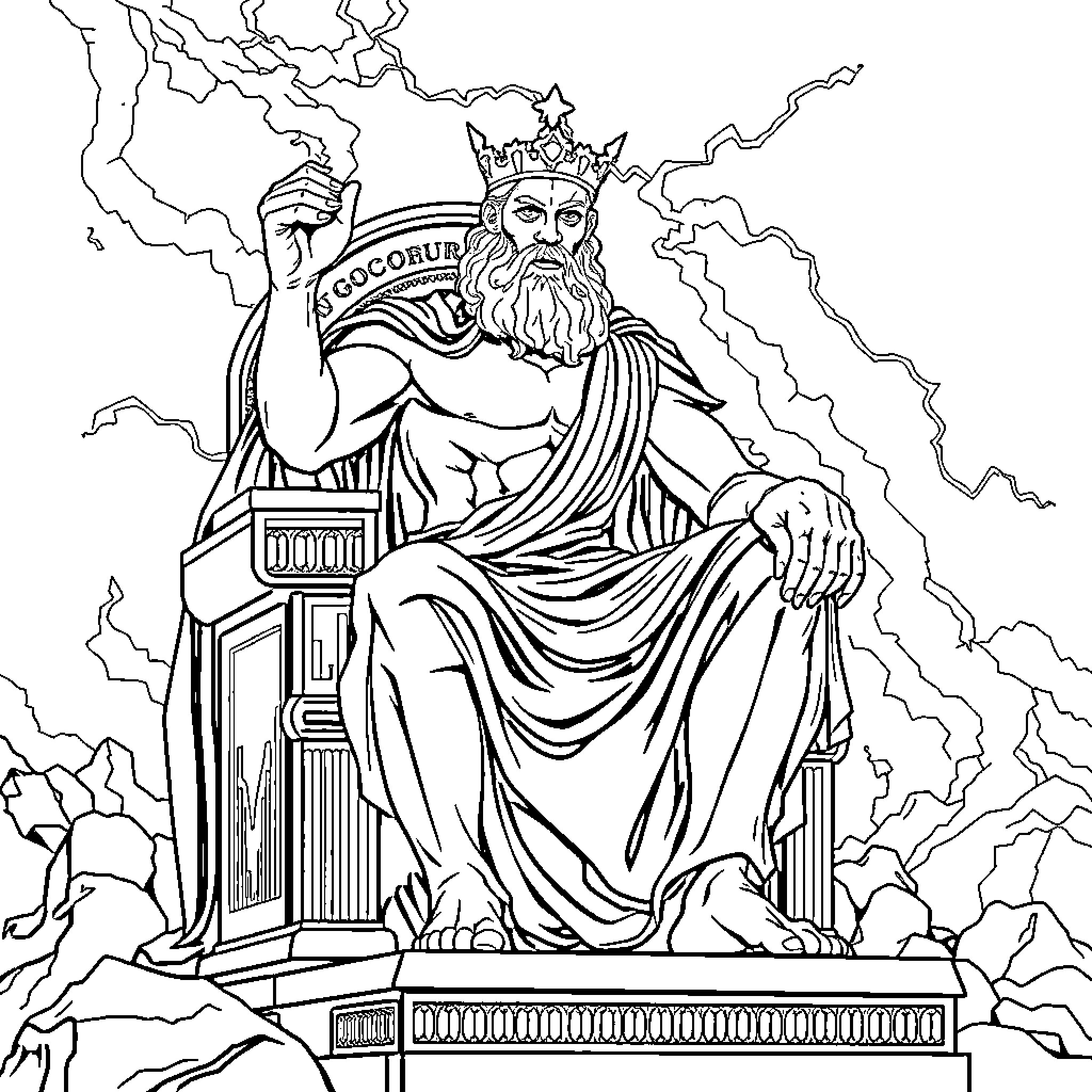 Zeus the Mighty God Ruling from His Throne Coloring Page (free black-and-white line drawing printable PDF for all, from beginners to advanced learners, including children, teens, adults, and seniors)