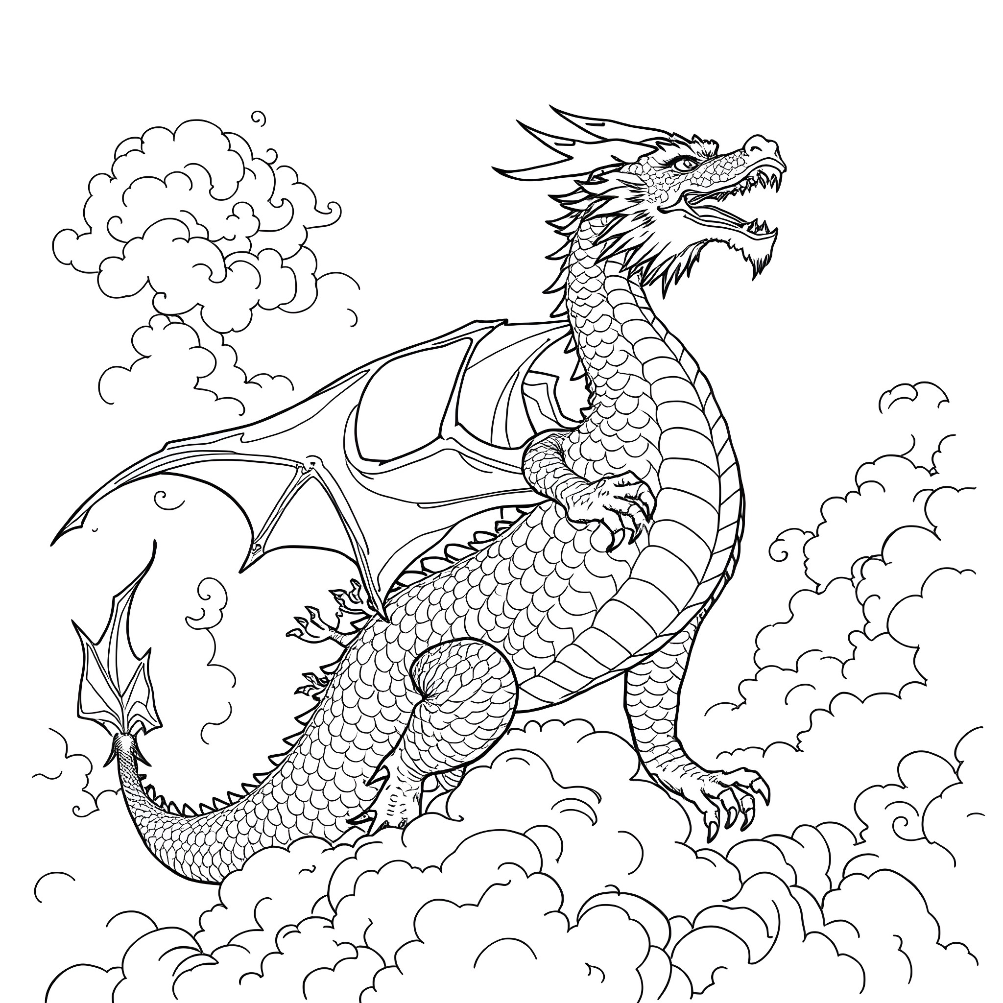Dragon soaring through the cloudy skies Coloring Page (free black-and-white line drawing printable PDF for all, from beginners to advanced learners, including children, teens, adults, and seniors)