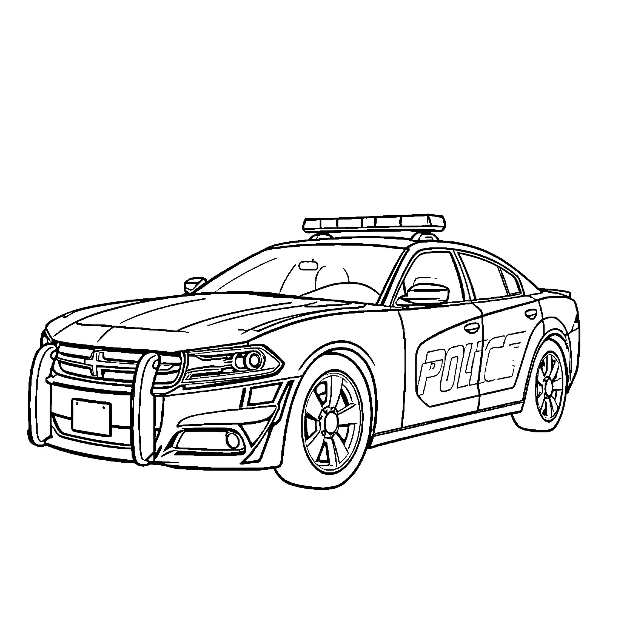 Police Car with Emergency Lights and Markings Coloring Page (free black-and-white line drawing printable PDF for all, from beginners to advanced learners, including children, teens, adults, and seniors)
