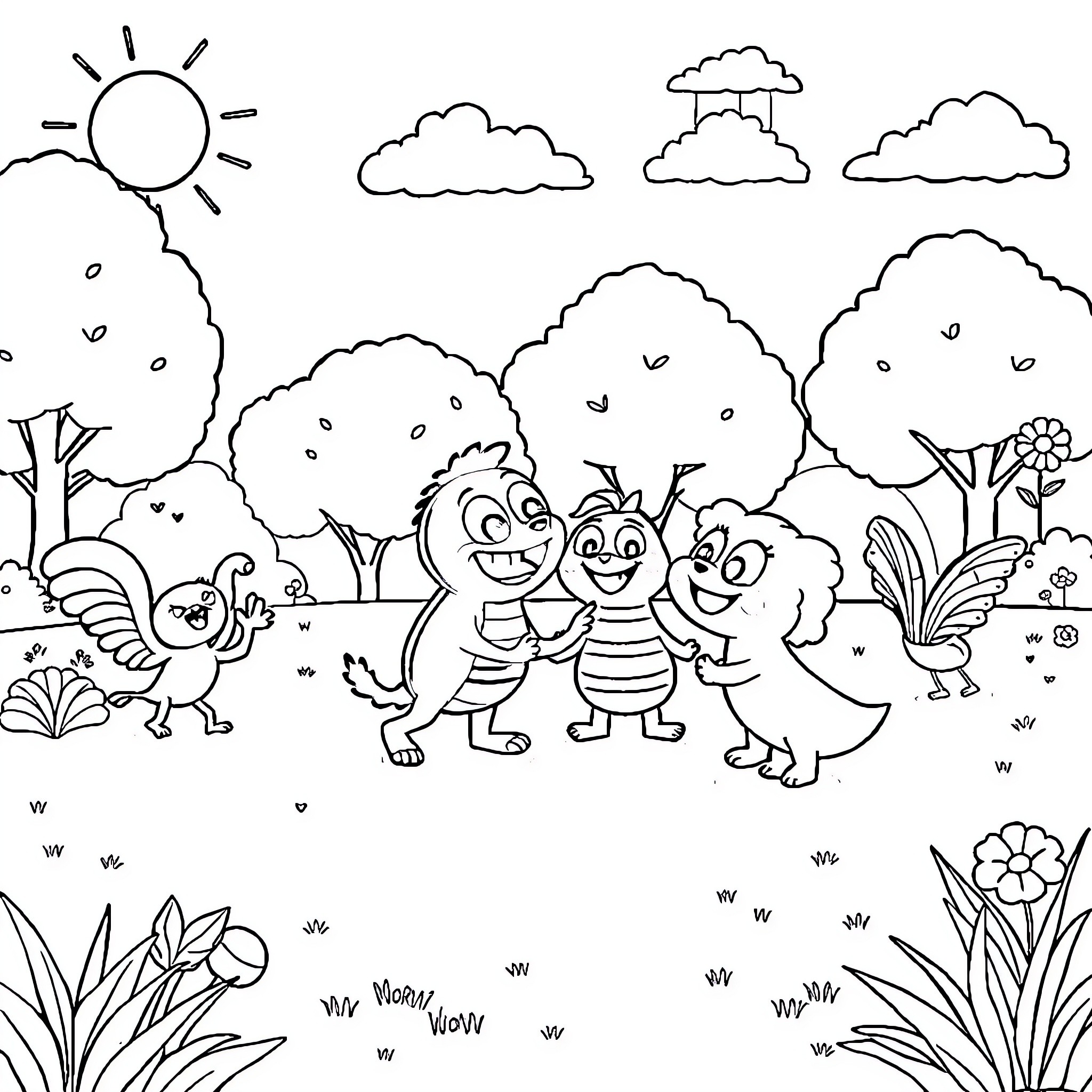 Plim Plim Playtime in the Outdoor Scene Coloring Page (free black-and-white line drawing printable PDF for all, from beginners to advanced learners, including children, teens, adults, and seniors)