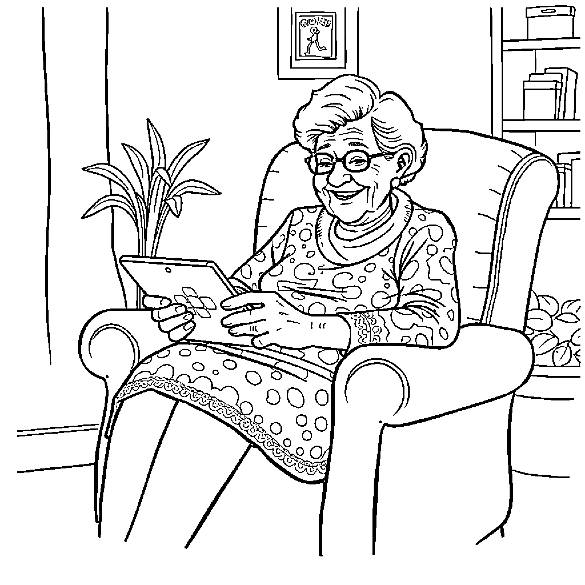 Grandma reading a book in her cozy chair Coloring Page (free black-and-white line drawing printable PDF for all, from beginners to advanced learners, including children, teens, adults, and seniors)