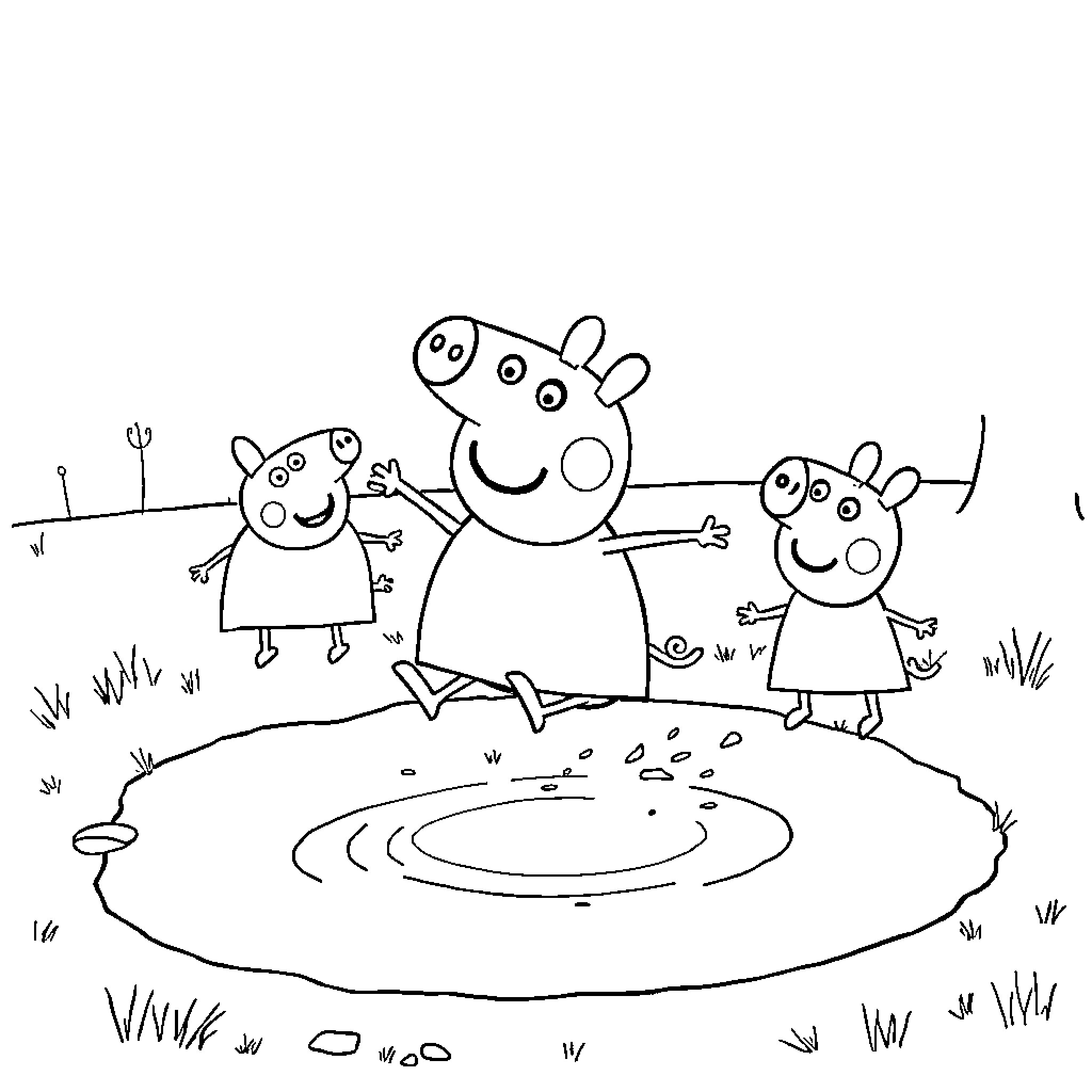 Peppa Pig and family enjoying outdoors Coloring Page (free black-and-white line drawing printable PDF for all, from beginners to advanced learners, including children, teens, adults, and seniors)